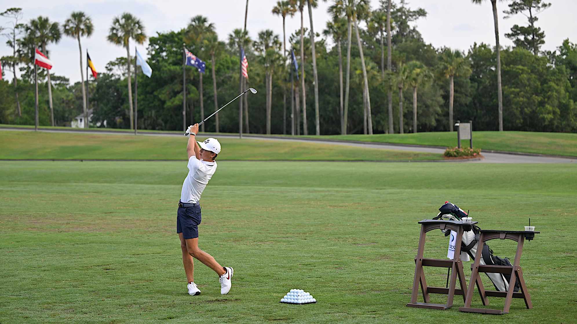 Miles Russell practices on the driving range at THE PLAYERS Stadium Course at TPC Sawgrass on June 11, 2024, in Ponte Vedra Beach, Florida. (Ben Jared/PGA TOUR)