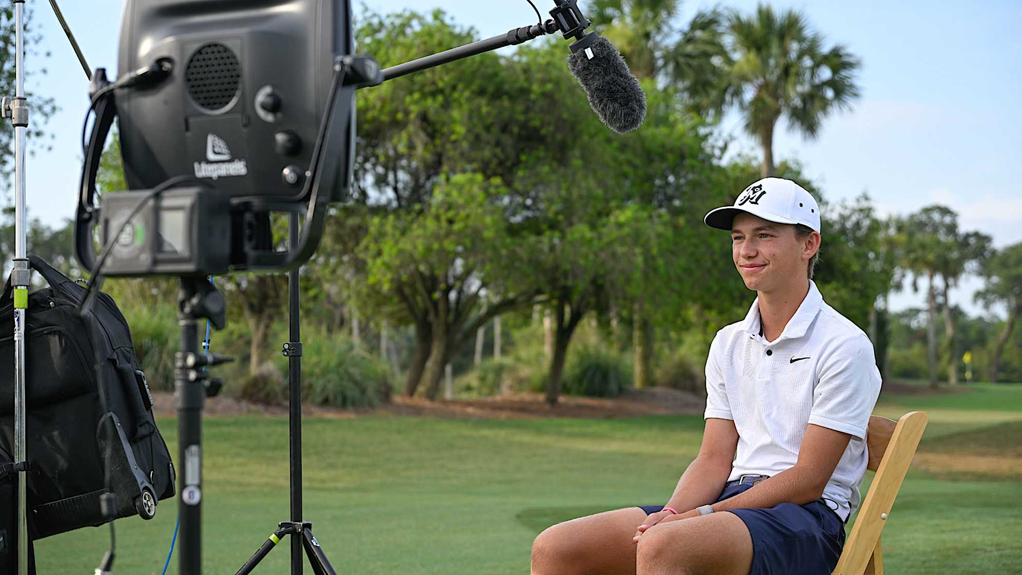 Miles Russell talks during an interview on the driving range at THE PLAYERS Stadium Course at TPC Sawgrass on June 11, 2024, in Ponte Vedra Beach, Florida. (Ben Jared/PGA TOUR)