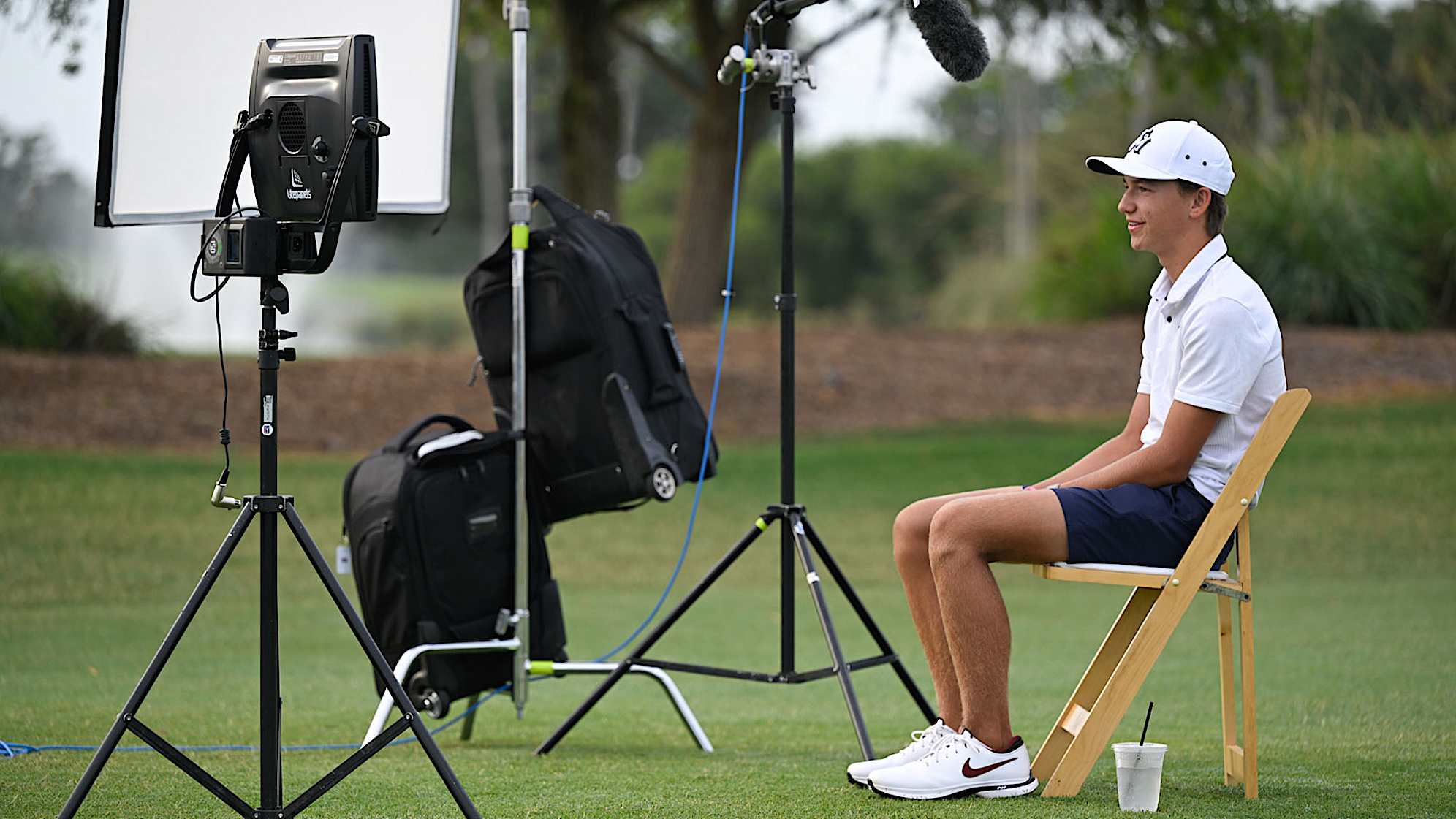Miles Russell talks during an interview on the driving range at THE PLAYERS Stadium Course at TPC Sawgrass on June 11, 2024, in Ponte Vedra Beach, Florida. (Ben Jared/PGA TOUR)