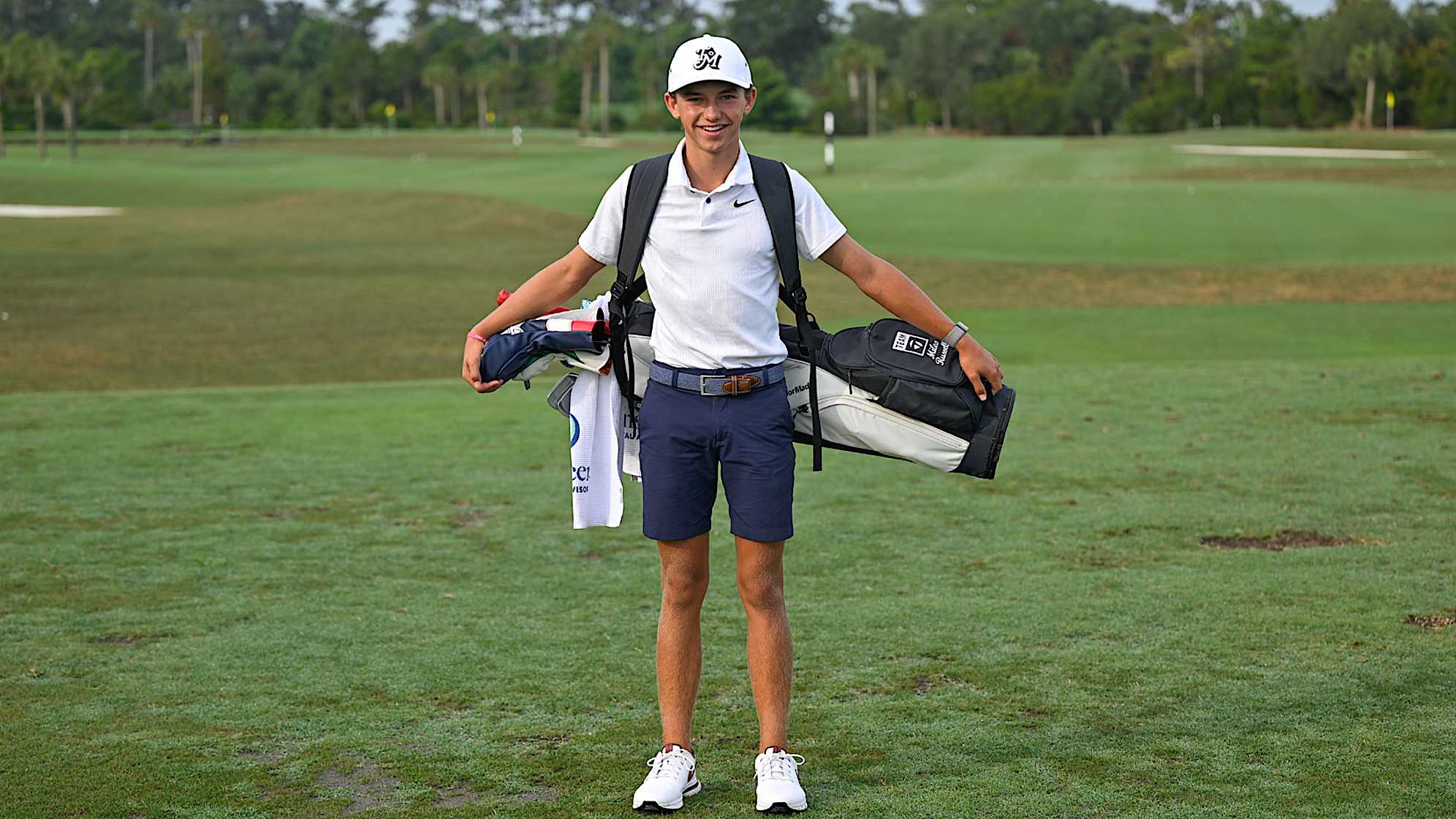 Miles Russell poses for a portrait on the driving range at THE PLAYERS Stadium Course at TPC Sawgrass on June 11, 2024, in Ponte Vedra Beach, Florida. (Ben Jared/PGA TOUR)