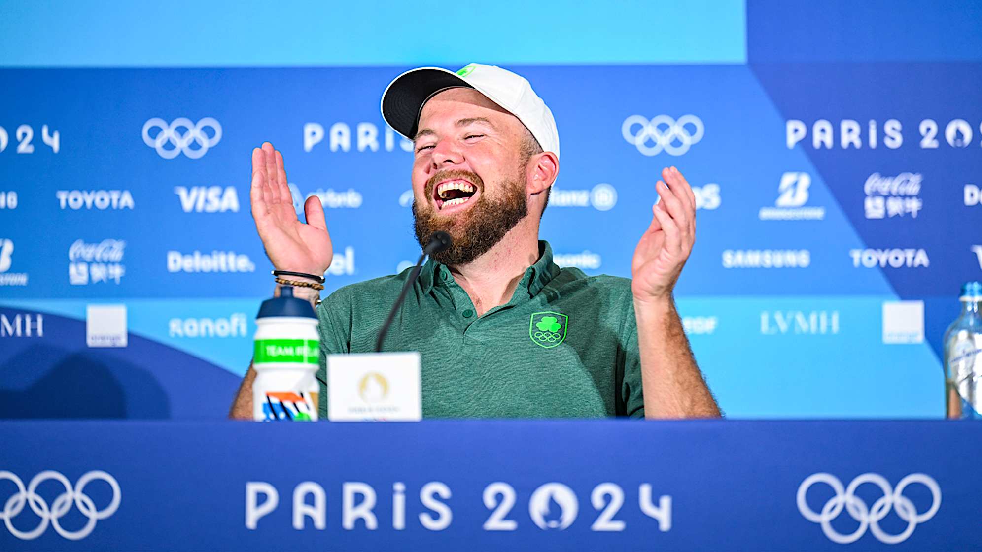 Shane Lowry of Team Ireland laughs at a press conference ahead of the 2024 men's Olympic golf competition at Le Golf National. (Keyur Khamar/PGA TOUR)