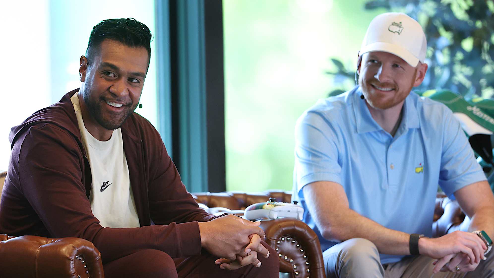 Tony Finau and Garrett Hilbert of Dude Perfect prior to the 2023 Masters at Augusta National Golf Club. (Photo by Christian Petersen/Getty Images)