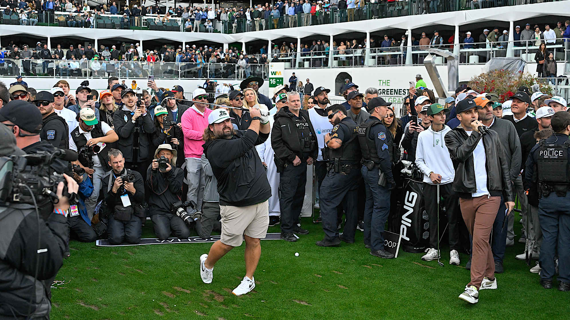 Nick Stubbe, known as "Fat Perez," hits a shot on the 16th tee box prior to the 2024 WM Phoenix Open at TPC Scottsdale. (Ben Jared/PGA TOUR)