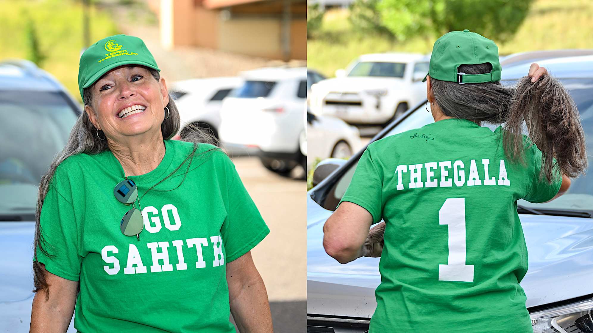 Jeffie Mackey displays her Theegala t-shirt at the 2024 BMW Championship in Castle Rock, Colorado. (Keyur Khamar/PGA TOUR)
