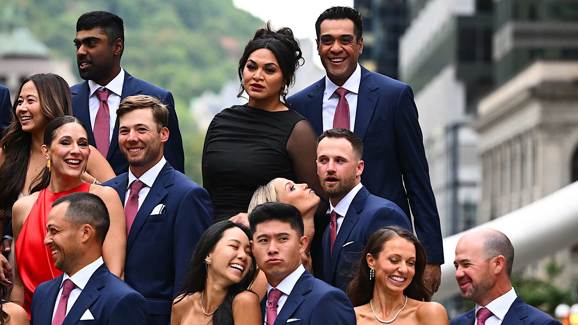 MONTREAL, QUEBEC - SEPTEMBER 24: Tony Finau of the U.S. Team and his wife Alayna look on while the U.S. Team has a photo taken at The Ring before attending the Presidents Cup Celebration prior to the 2024 Presidents Cup at The Royal Montreal Golf Club on September 24, 2024 in Montreal, Quebec. (Photo by Tracy Wilcox/PGA TOUR via Getty Images)