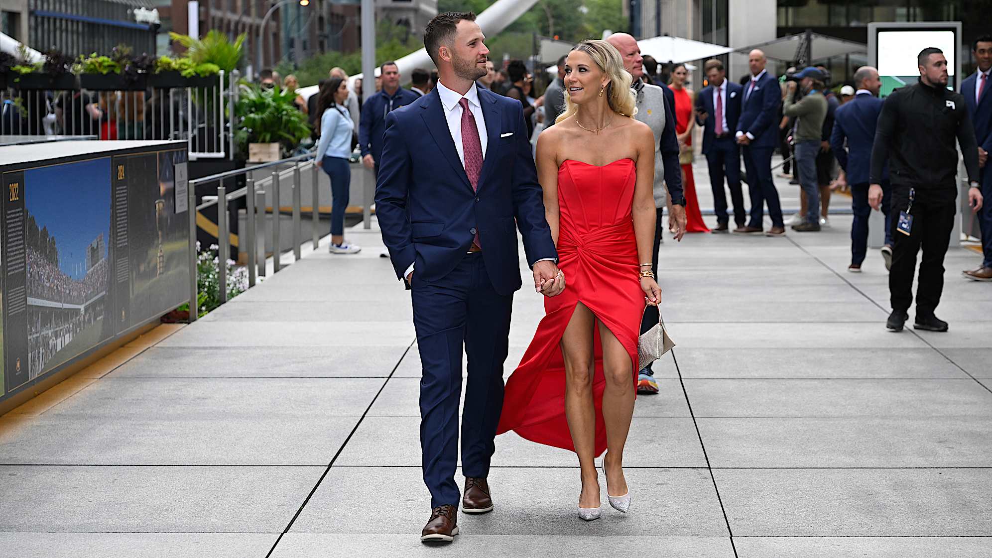 The U.S. Team's Wyndham Clark and girlfriend Alicia Bogdanski arrive at The Ring in Montreal, Quebec. (Ben Jared/PGA TOUR)