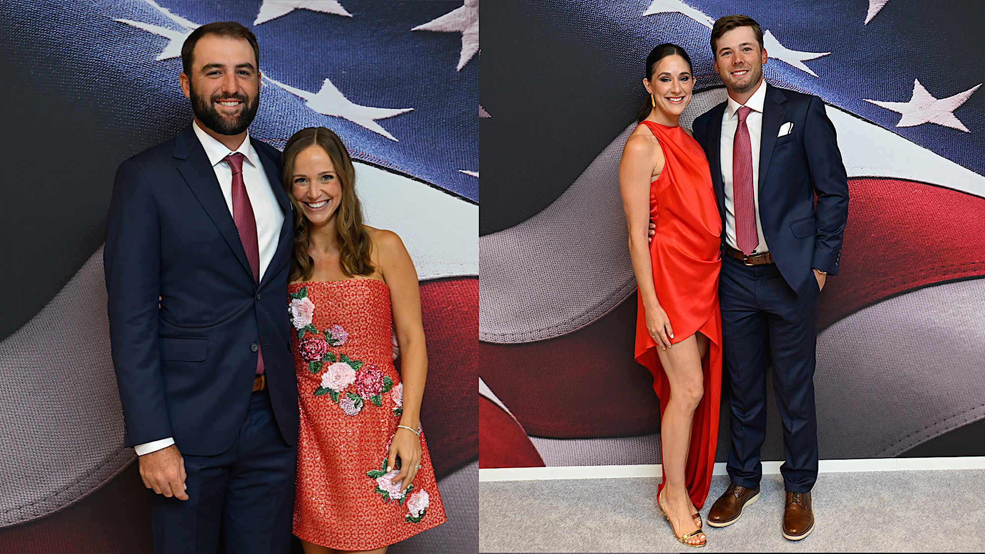 Scottie and Meredith Scheffler (L) and Sam and Caroline Burns (R) at the Presidents Cup Gala. (Ben Jared/PGA TOUR)