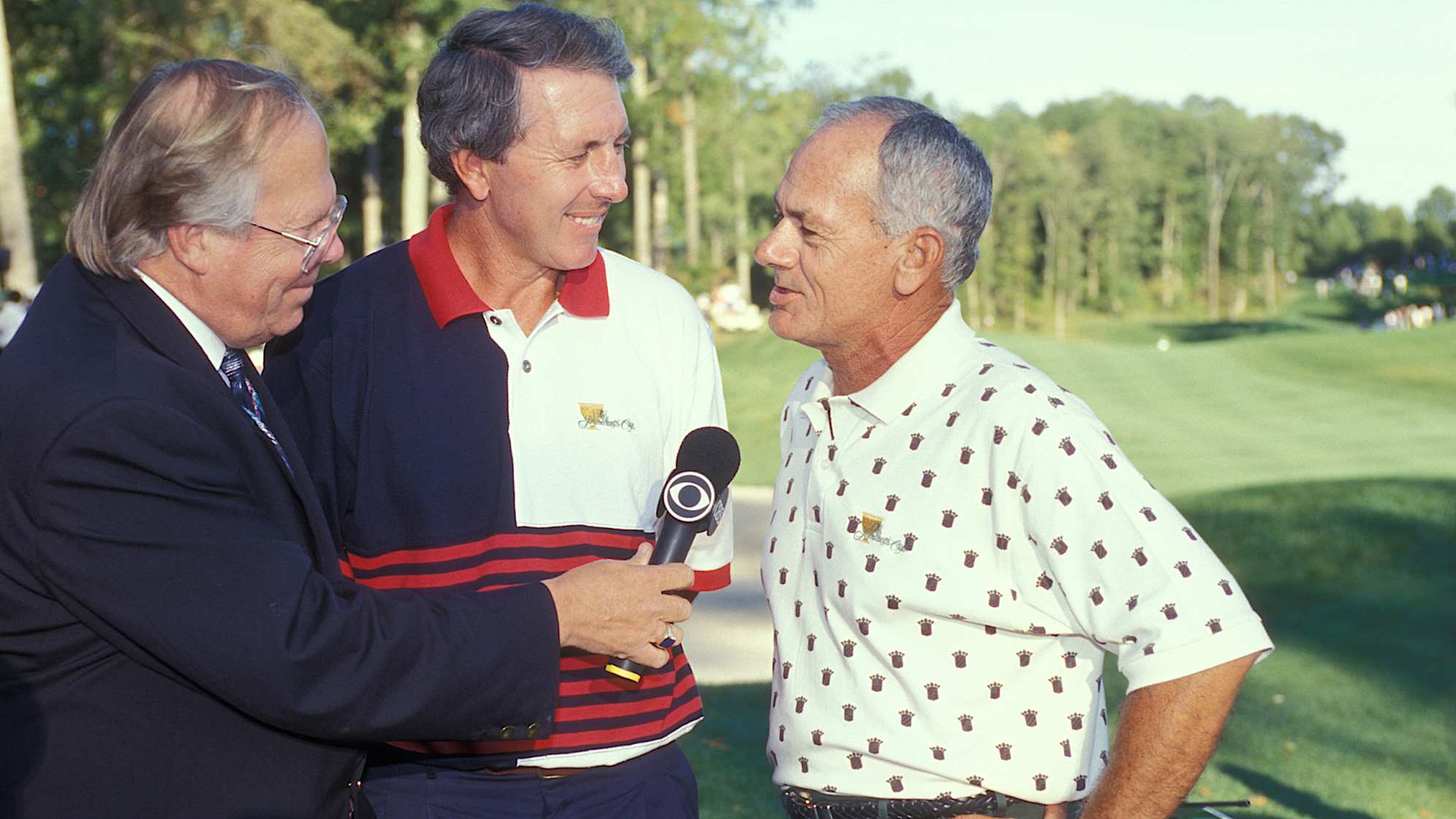 U.S. Captain Hale Irwin and International Captain David Graham (R) are interviewed during the 1994 Presidents Cup. (Courtesy PGA TOUR)