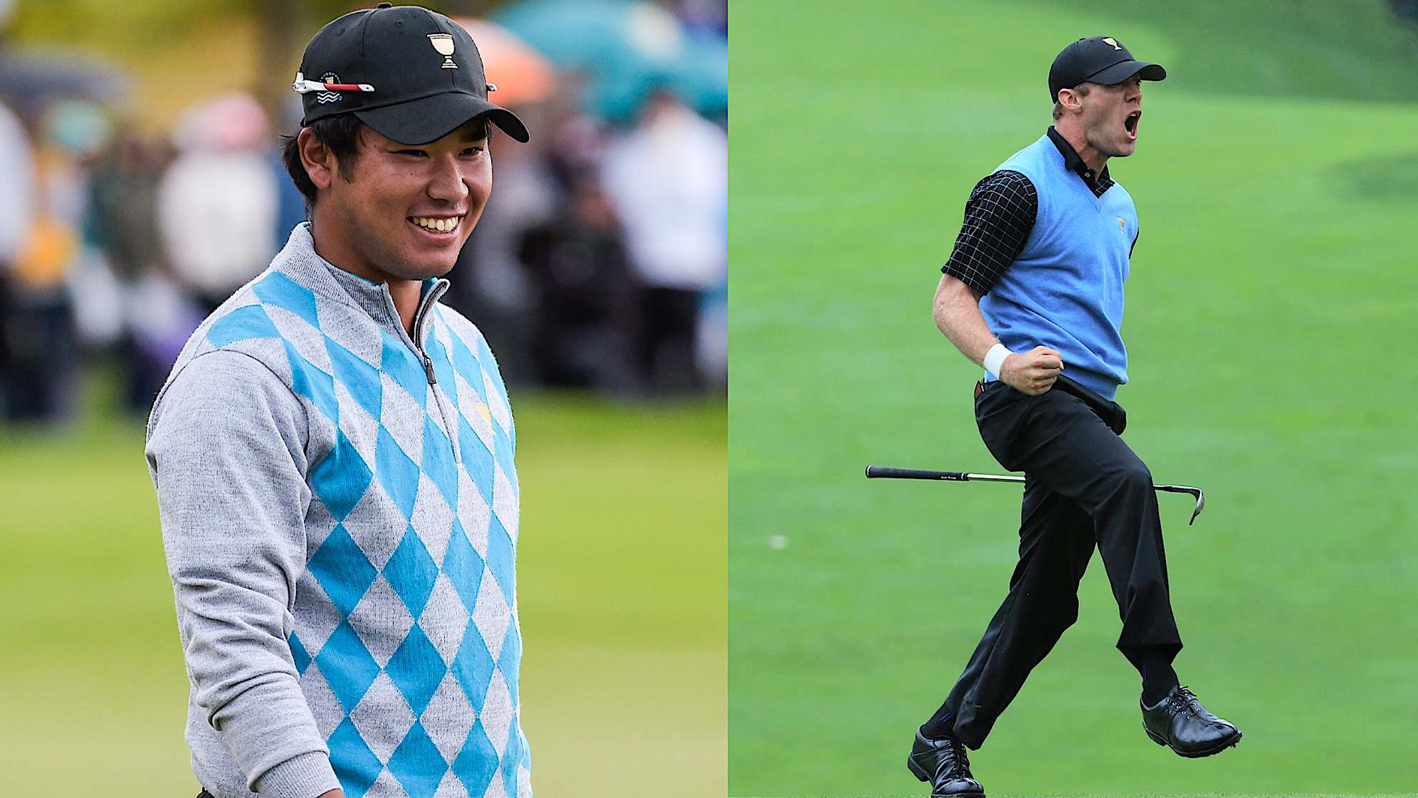 The International Team's Hideki Matsuyama (left, 2015) and Graham DeLaet (right, 2013) at the Presidents Cup. (Getty Images)
