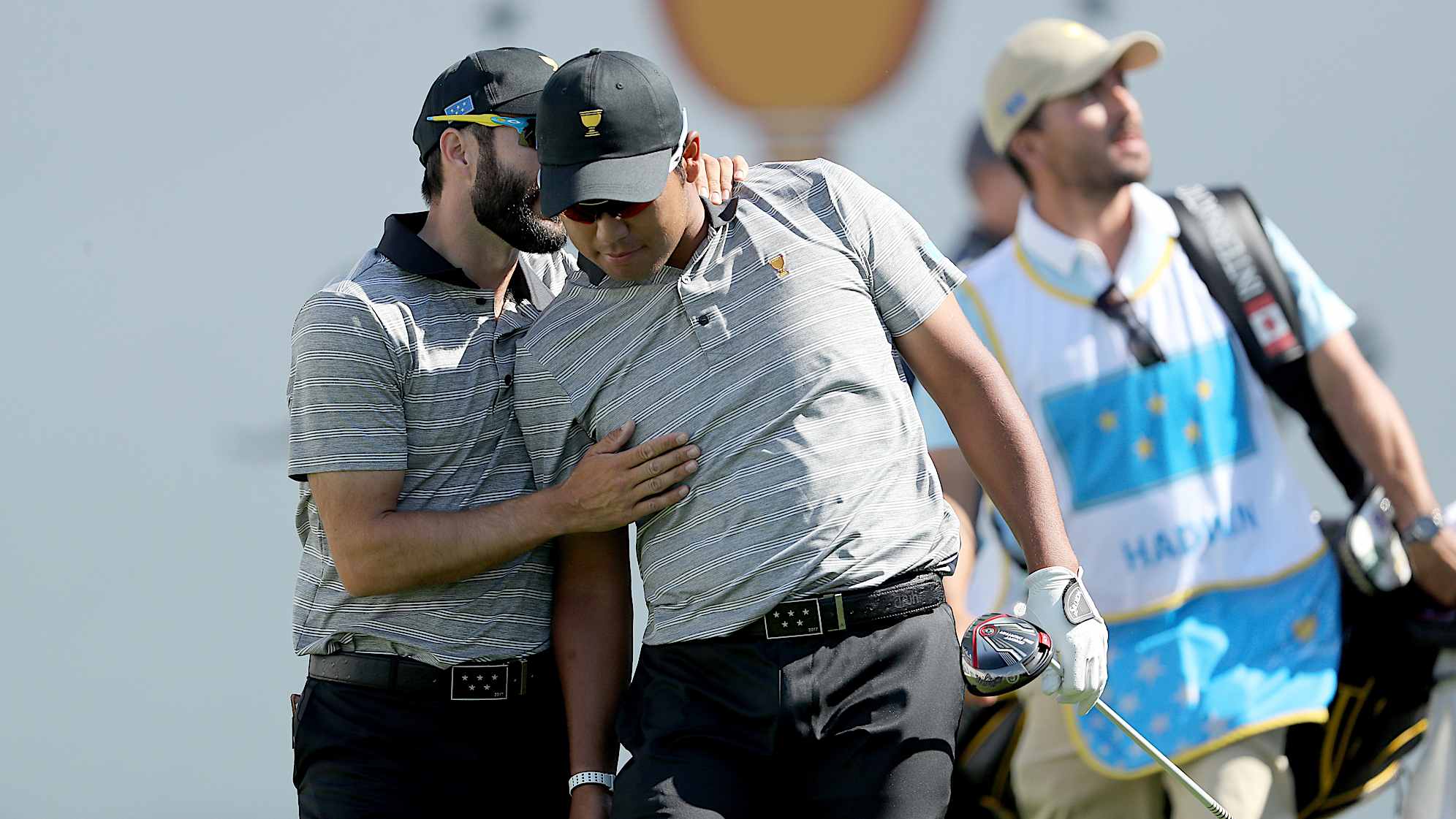 The International Team's Adam Hadwin (L) and Hideki Matsuyama (R) at the 2017 Presidents Cup in New Jersey. (David Cannon/Getty Images)