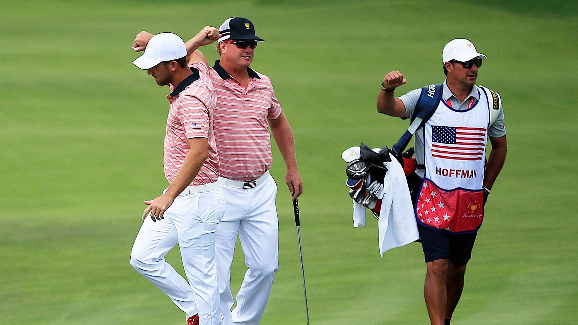 The U.S. Team's Charley Hoffman and Kevin Chappell during the 2017 Presidents Cup in New Jersey. (Cliff Hawkins/Getty Images)