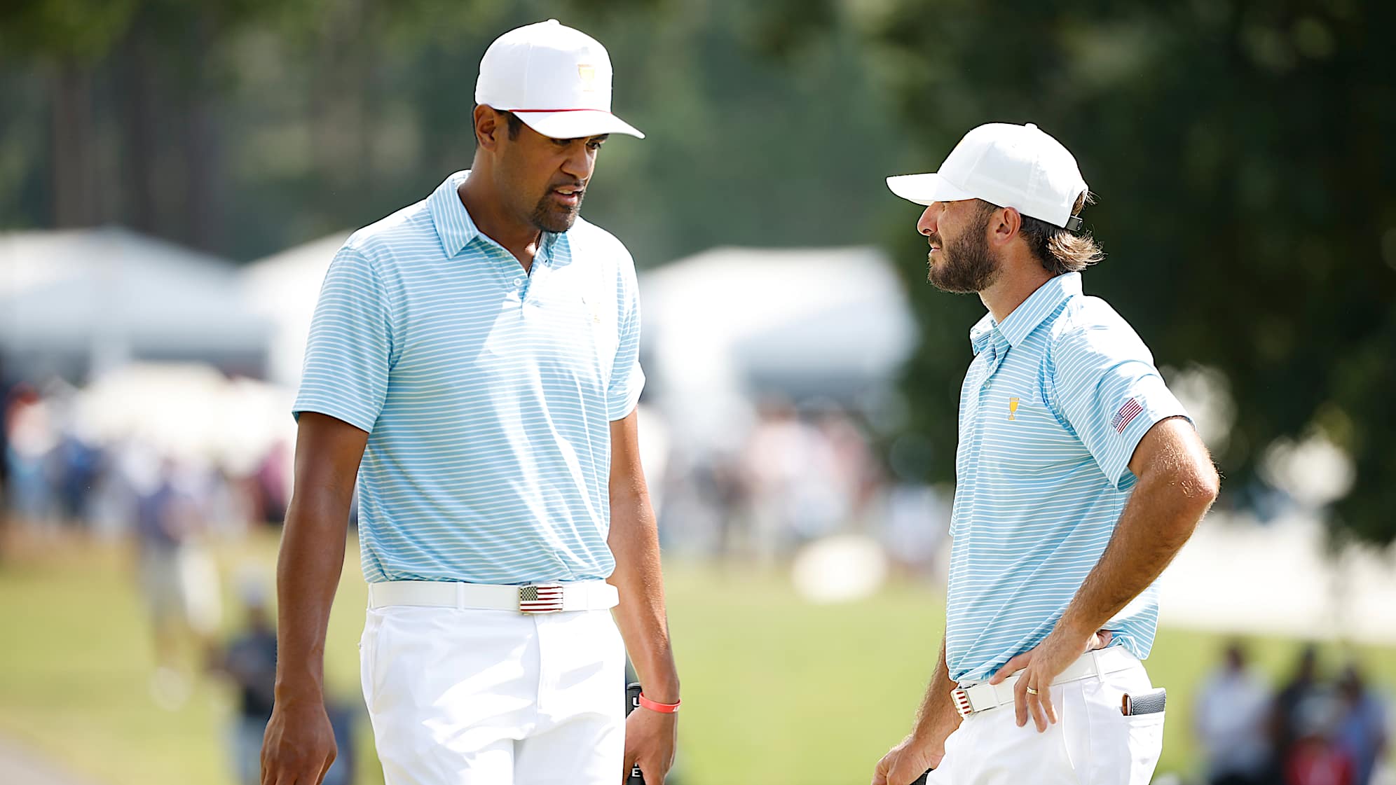 Tony Finau and Max Homa of the U.S. Team at the 2022 Presidents Cup at Quail Hollow. (Cliff Hawkins/PGA TOUR)