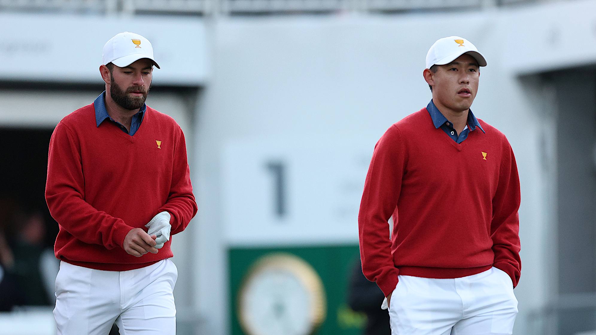 Cameron Young and Collin Morikawa of the United States Team at the 2022 Presidents Cup at Quail Hollow. (Rob Carr/Getty Images)