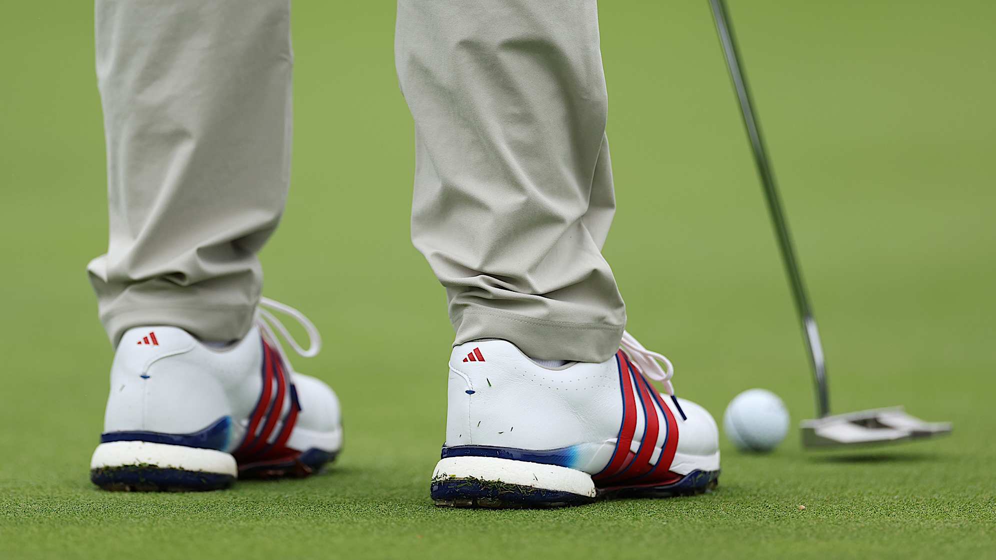 MONTREAL, QUEBEC - SEPTEMBER 25: A detail of the shoes of Patrick Cantlay of the U.S. Team during a practice round prior to the 2024 Presidents Cup at The Royal Montreal Golf Club on September 25, 2024 in Montreal, Quebec, Canada. (Photo by Harry How/Getty Images)