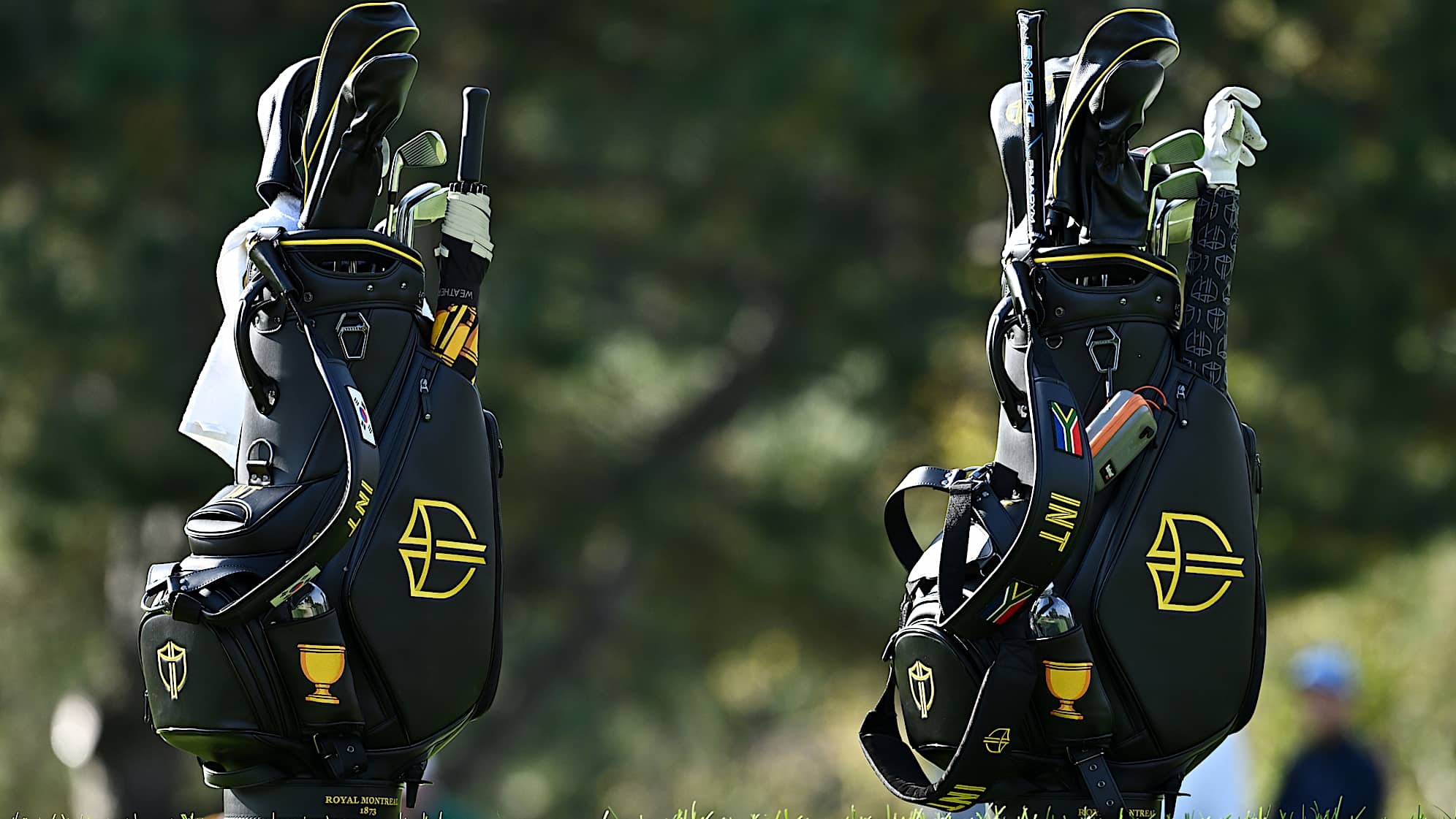 MONTREAL, QUEBEC - SEPTEMBER 24: A detail of International team bags during a practice round prior to the 2024 Presidents Cup at The Royal Montreal Golf Club on September 24, 2024 in Montreal, Quebec, Canada. (Photo by Minas Panagiotakis/Getty Images)