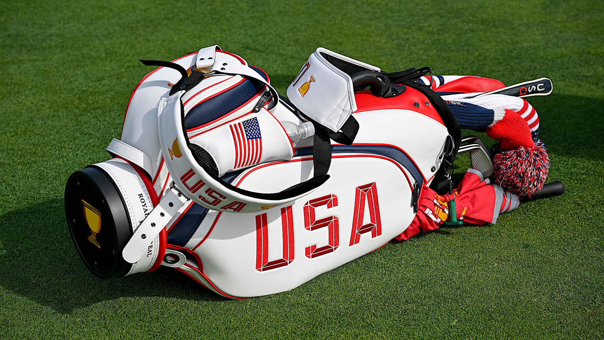 MONTREAL, QUEBEC - SEPTEMBER 24: A U.S. Team golf bag is seen on the course prior to the 2024 Presidents Cup at The Royal Montreal Golf Club on September 24, 2024 in Montreal, Quebec. (Photo by Ben Jared/PGA TOUR via Getty Images)