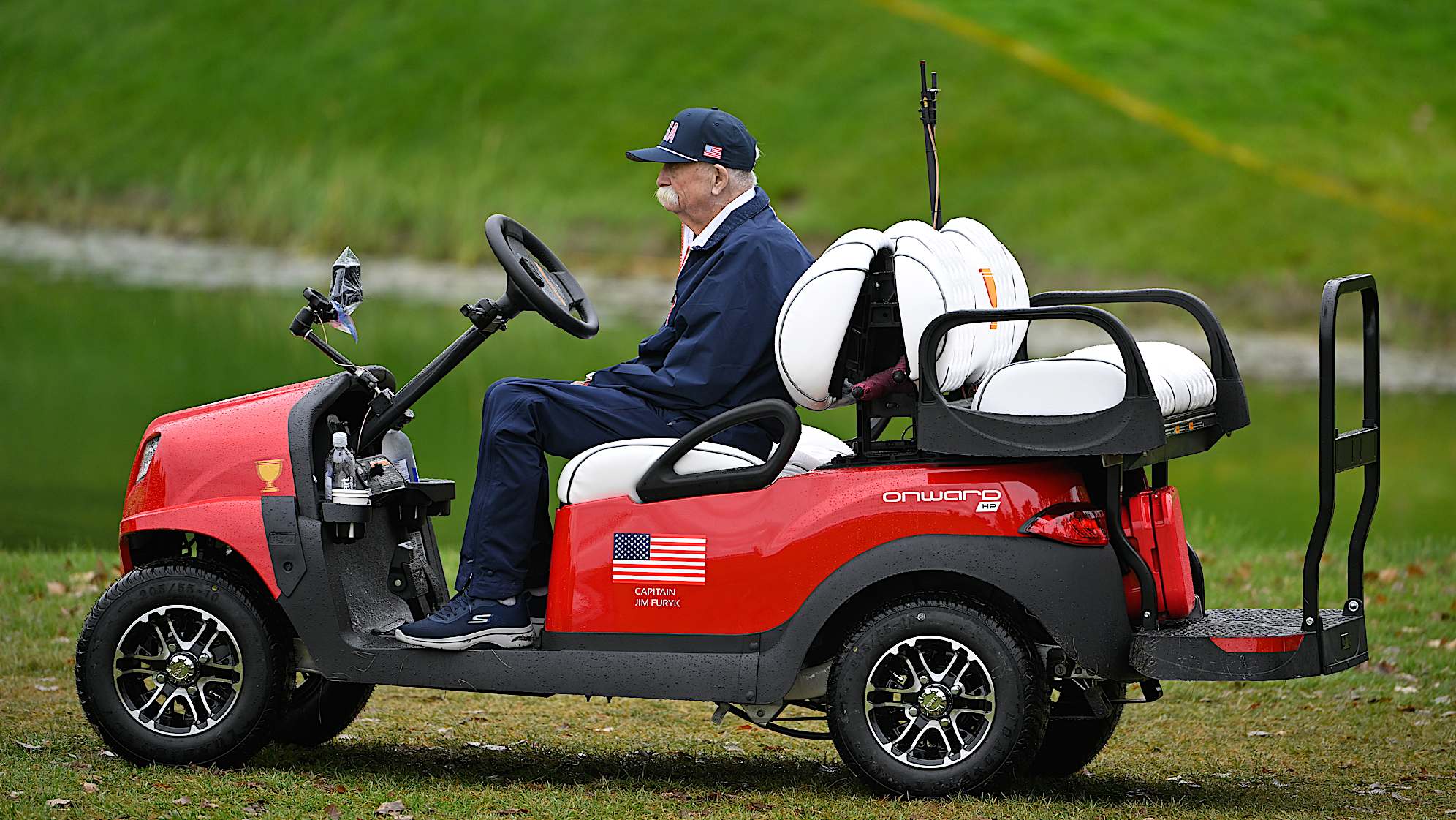 MONTREAL, QUEBEC - SEPTEMBER 23: Caddie Mike "fluff" Cowan sits in a golf cart during practice prior to the 2024 Presidents Cup at The Royal Montreal Golf Club on September 23, 2024 in Montreal, Quebec. (Photo by Ben Jared/PGA TOUR via Getty Images)