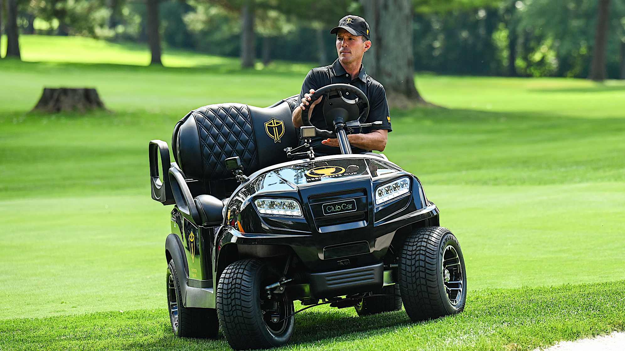 MONTREAL, CANADA - SEPTEMBER 11:  2024 Presidents Cup International Team Captain Mike Weir of Canada drives his cart during a golf outing for the Montreal Canadiens Children's Foundation at Club de golf Laval-sur-le-Lac on September 11, 2023 near Montreal, Quebec, Canada. (Photo by Keyur Khamar/PGA TOUR via Getty Images)