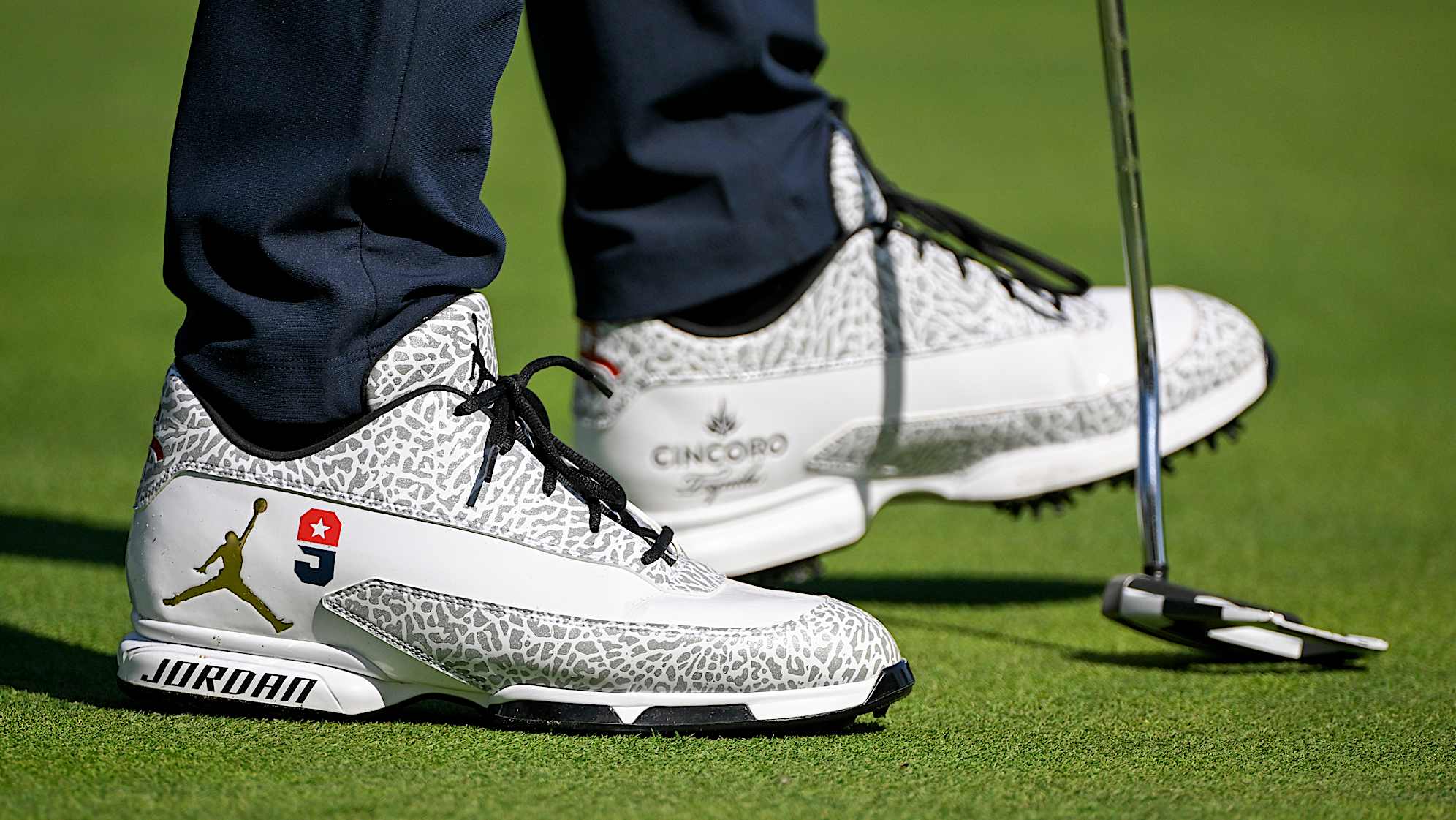 MONTREAL, QUEBEC - SEPTEMBER 24: The shoes of Keegan Bradley of the U.S. Team on the fifth green prior to the 2024 Presidents Cup at The Royal Montreal Golf Club on September 24, 2024 in Montreal, Quebec. (Photo by Ben Jared/PGA TOUR via Getty Images)