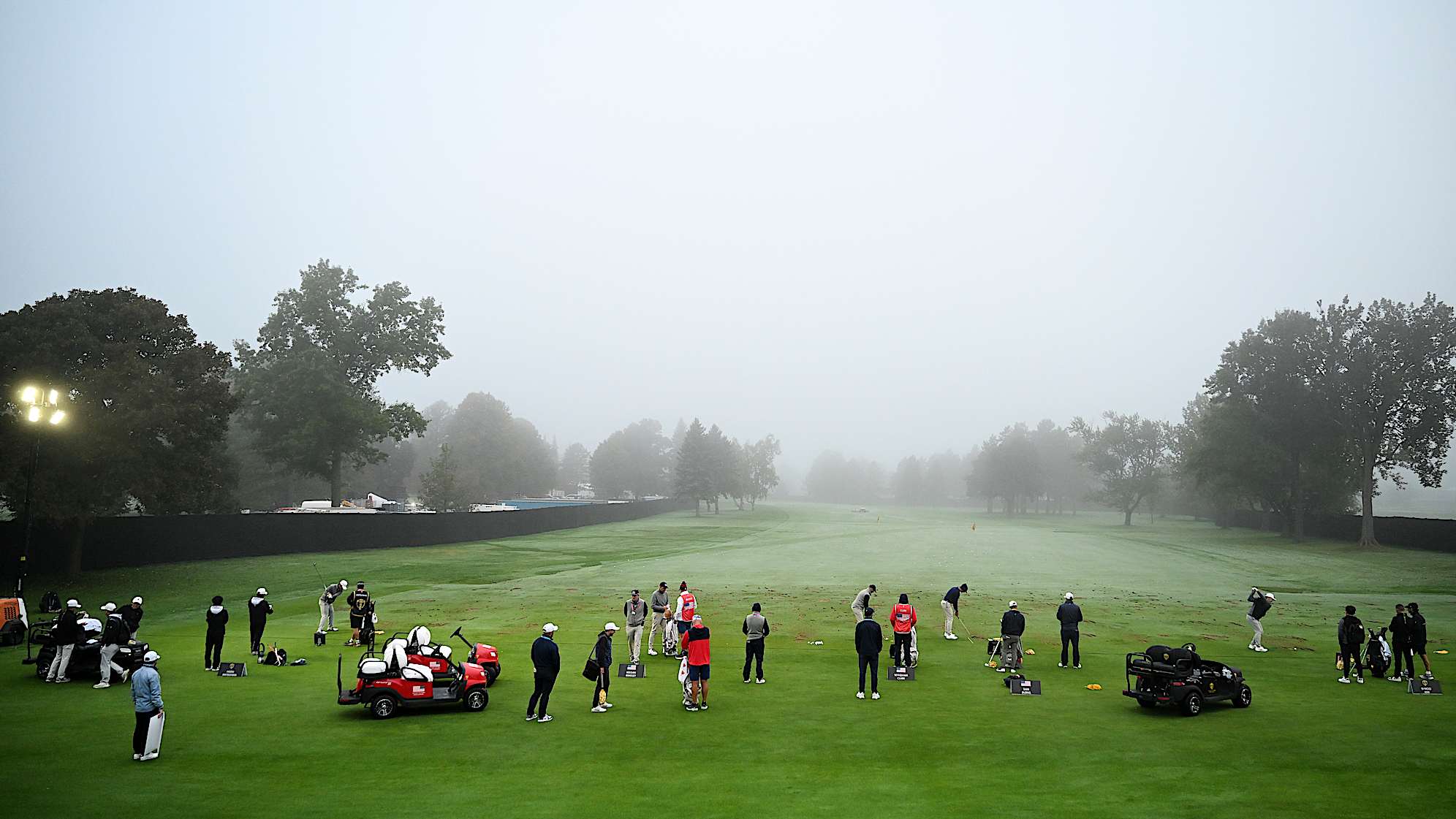 MONTREAL, QUEBEC - SEPTEMBER 28: A general view of the practice range during a temporary weather suspension due to fog during Four-Ball matches on day three of the 2024 Presidents Cup at The Royal Montreal Golf Club on September 28, 2024 in Montreal, Quebec. (Photo by Keyur Khamar/PGA TOUR via Getty Images)