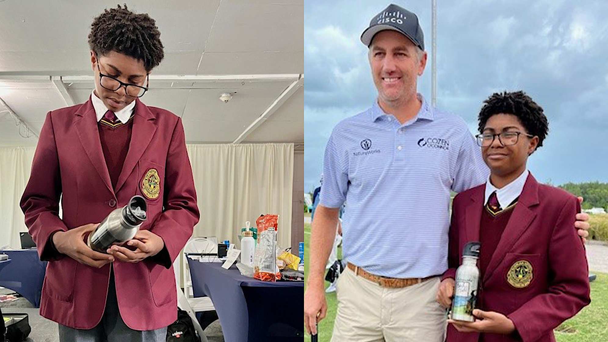 Rhys Tucker Bowen poses with the aluminum water bottle he designed (left) and is seen giving it to TOUR players and patrons. (Credit Doug Milne)