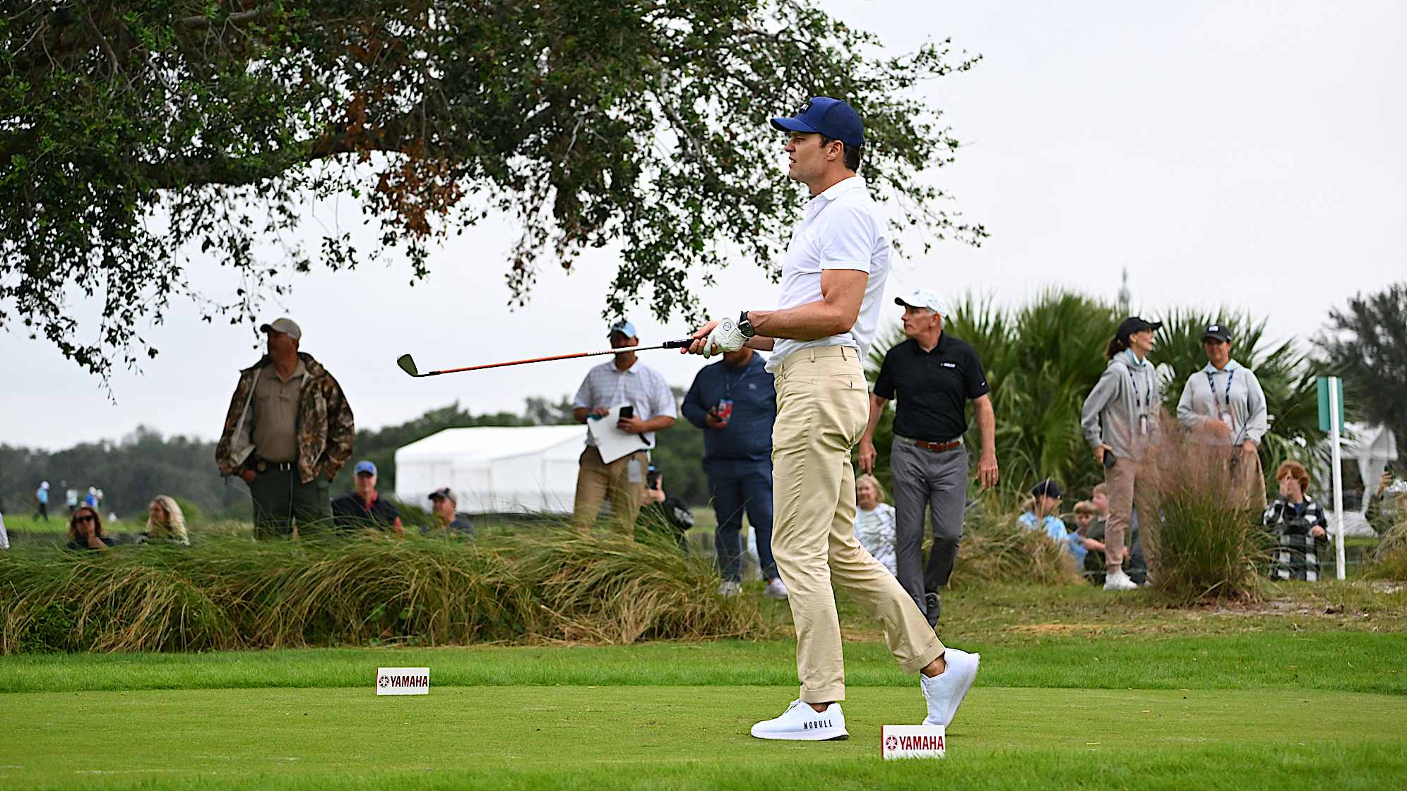 Tom Brady hits a shot during the pro-am prior to The RSM Classic. (Tracy Wilcox/PGA TOUR)