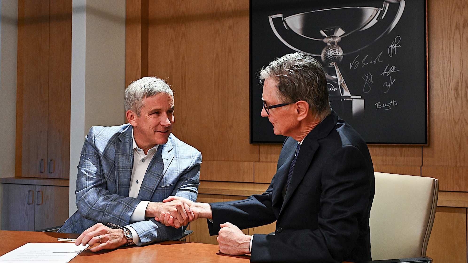The Handshake. I was in the boardroom for the signing of the agreement between the PGA TOUR and the Strategic Sports Group. Commissioner Monahan and John Henry closed out the meeting with the handshake that sealed the deal.