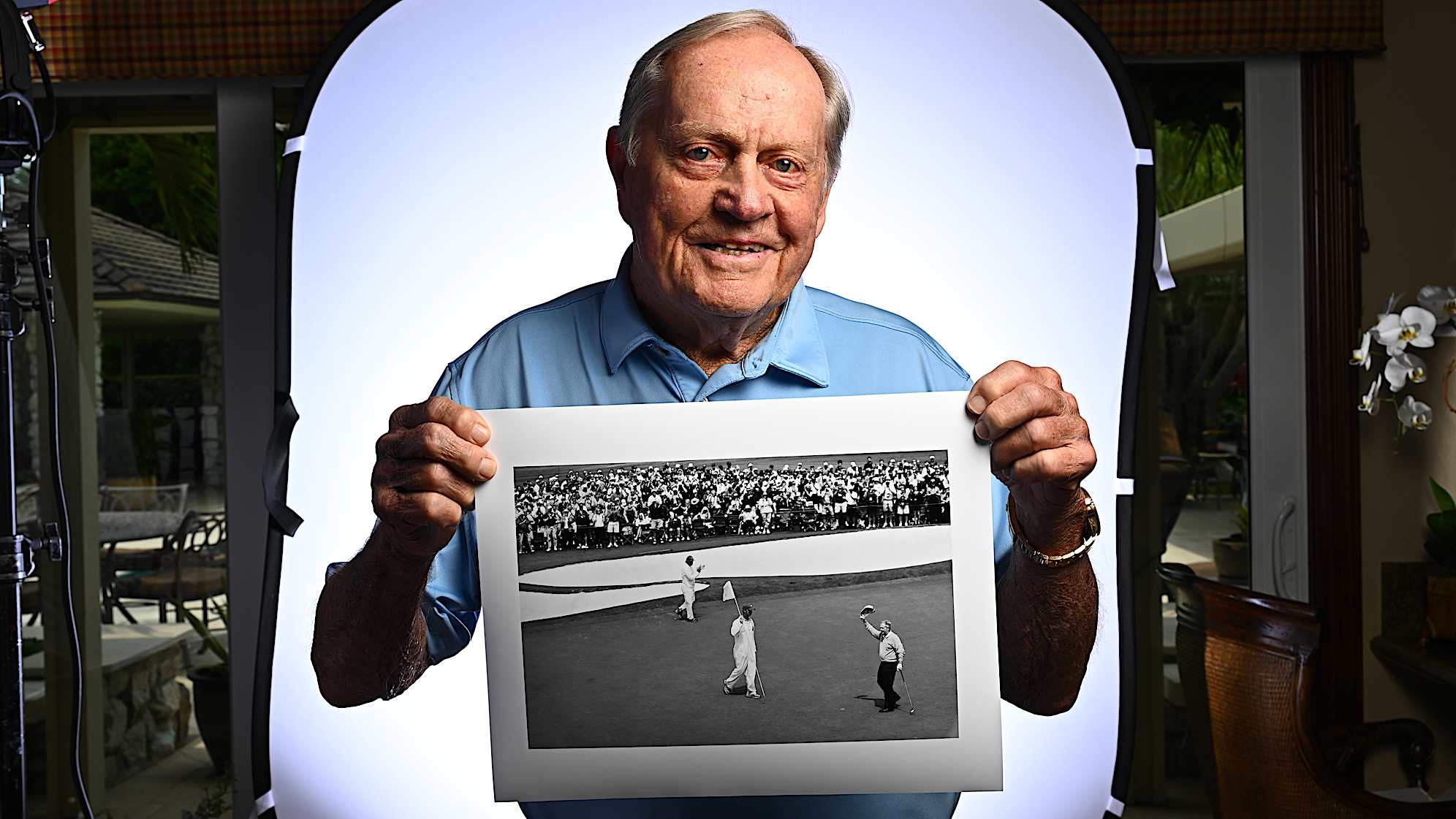 Jack Nicklaus’s last Masters. I’m always appreciative of any time I get to spend with Nicklaus. He has always been incredibly gracious in allowing me into his world over the years. This portrait was taken at his home in south Florida. I asked him to pose with a photo I took at the 2005 Masters where due to weather delays, he finished his second and final round on the ninth hole instead of the 18th.