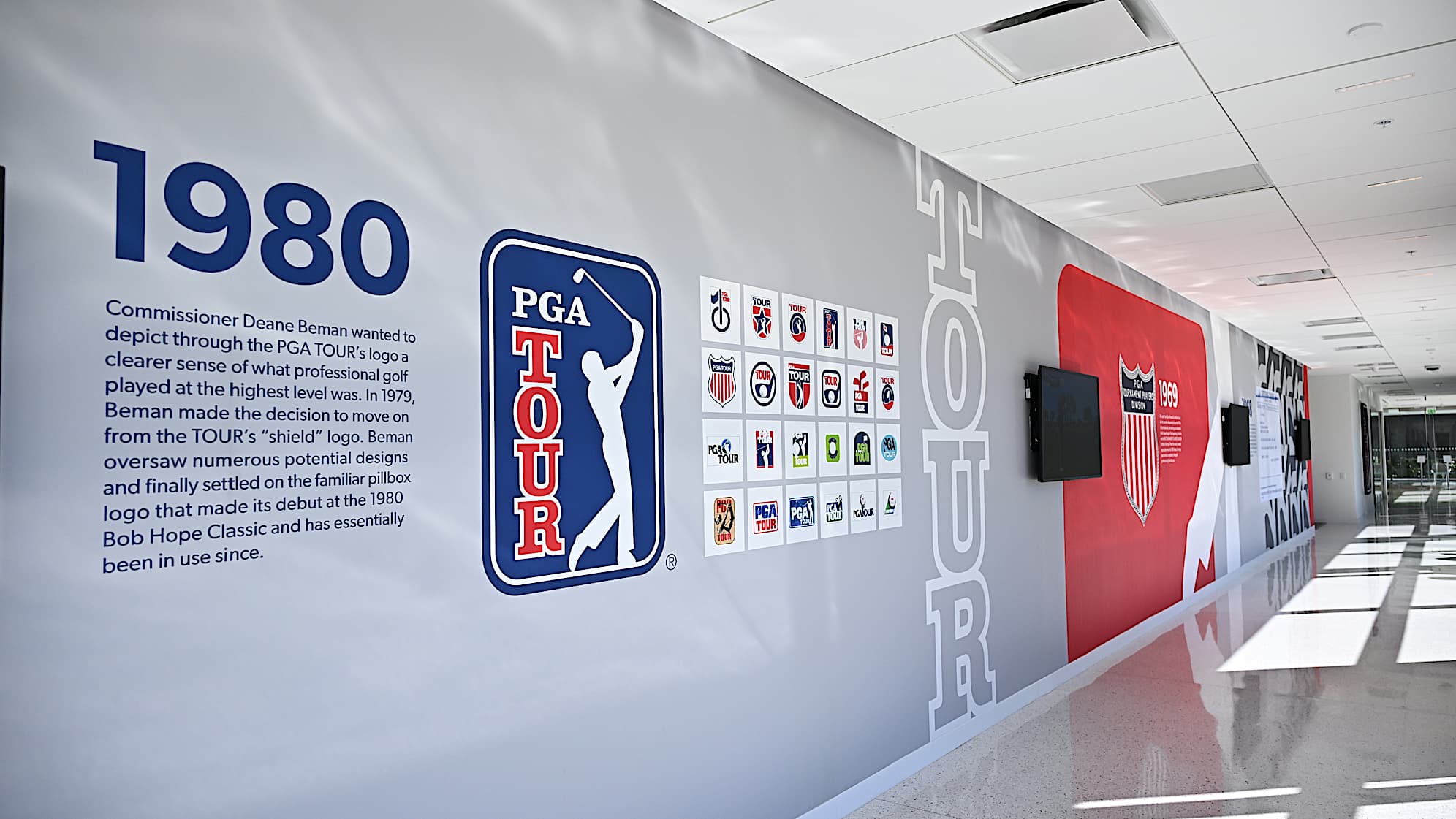 The PGA TOUR Studios building, located at the PGA TOUR Global Home campus in Ponte Vedra Beach, Florida, showcases notable moments in TOUR history. (Chris Condon/PGA TOUR)