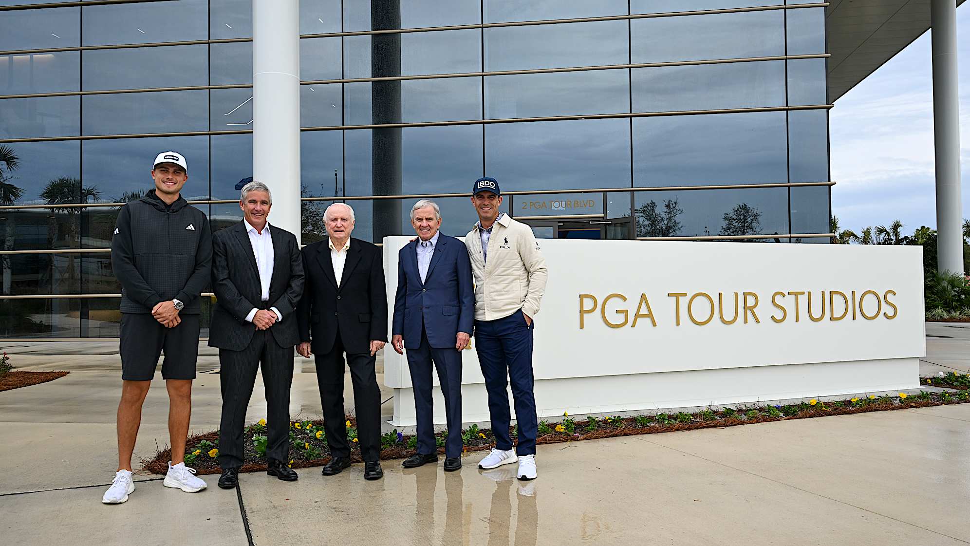 Ludvig Åberg, TOUR Commissioner Jay Monahan, former Commissioners Deane Beman and Tim Finchem, and Billy Horschel pose during an FPV drone shoot at PGA TOUR Studios at the PGA TOUR Global Home campus on Dec. 11, 2024, in Ponte Vedra Beach, Florida. (Chris