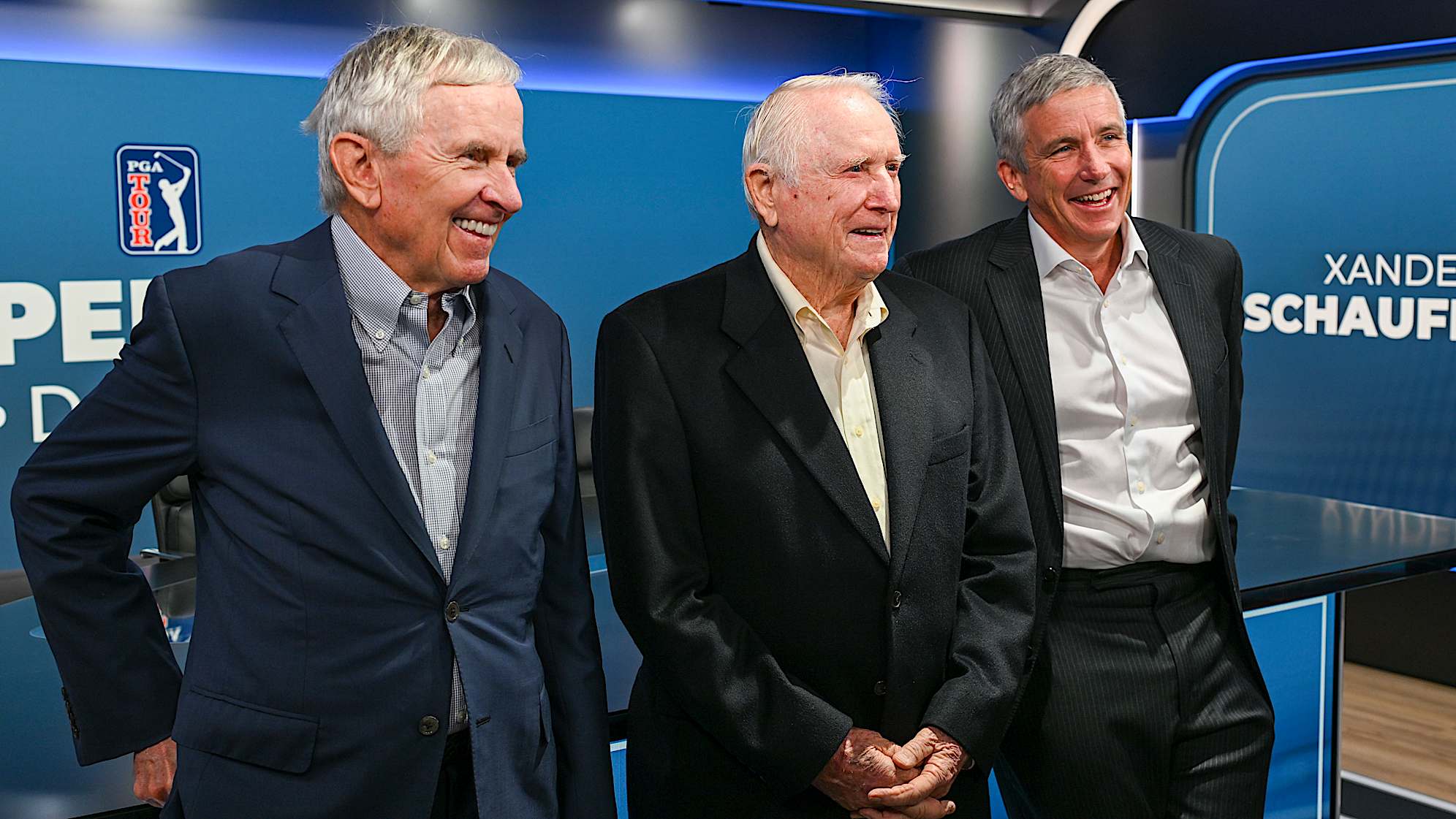 Former PGA TOUR Commissioners (from left) Tim Finchem and Deane Beman, and current Commissioner Jay Monahan during an FPV drone shoot at the PGA TOUR Studios building at the PGA TOUR Global Home campus on Dec. 11, 2024, in Ponte Vedra Beach, Florida. (Chr
