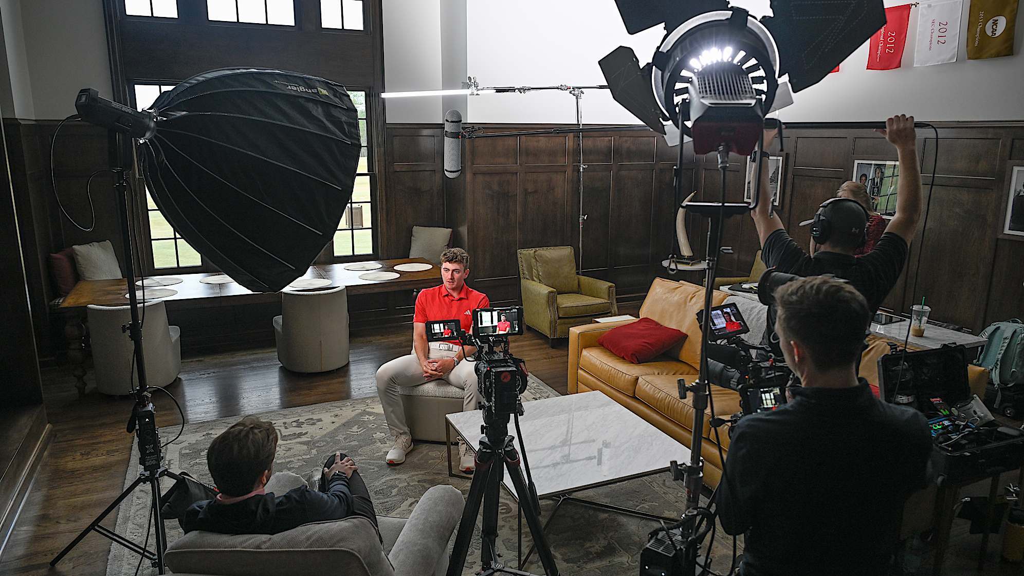 TUSCALOOSA, ALABAMA - DECEMBER 19: Nick Dunlap sits during an interview on December 19, 2024 in Tuscaloosa, Alabama. (Photo by Ben Jared/PGA TOUR via Getty Images)