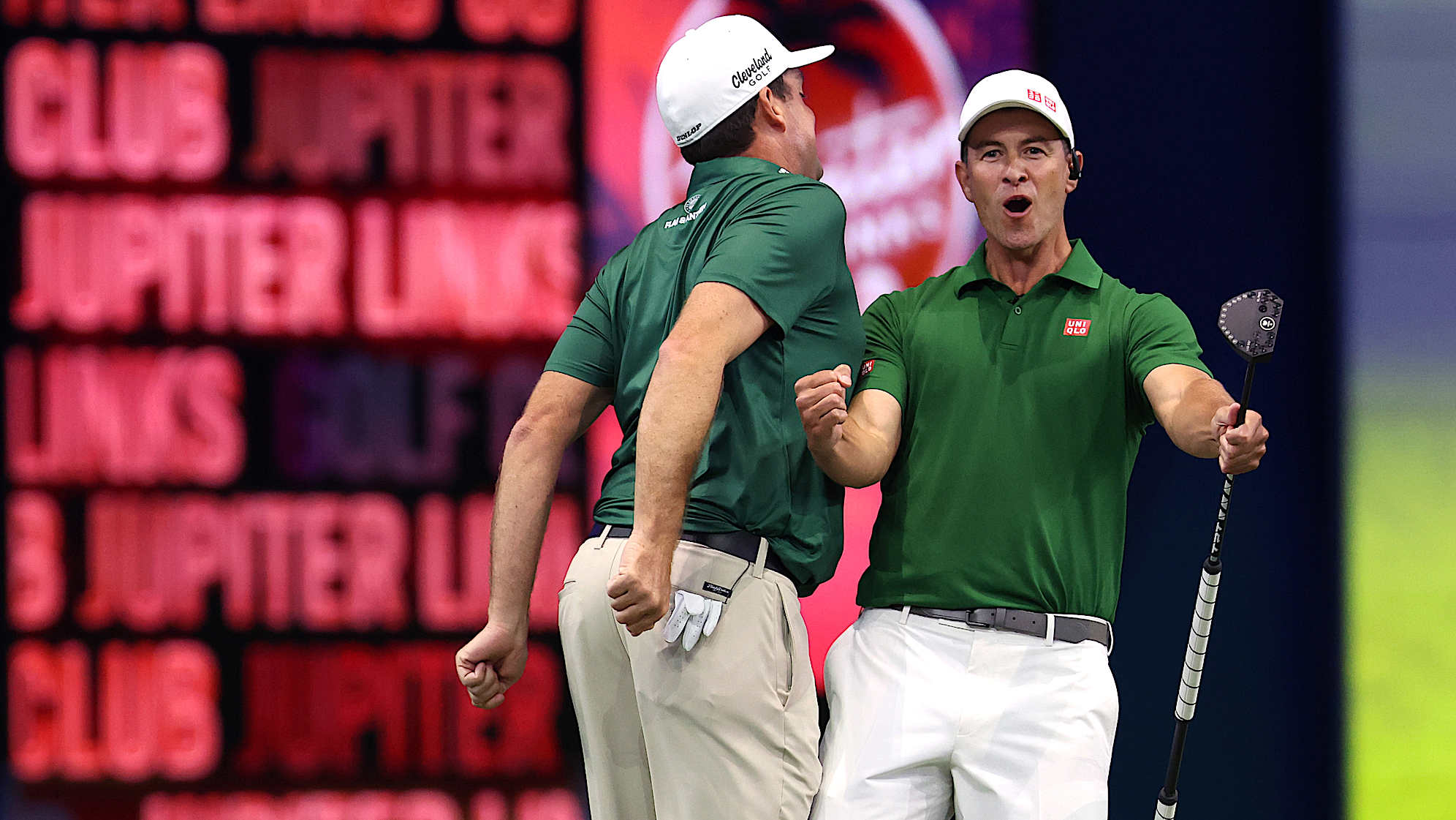 PALM BEACH GARDENS, FLORIDA - JANUARY 27: Adam Scott  and Keegan Bradley of Boston Common Golf celebrate on the 14th green during their TGL presented by SoFi match against the Jupiter Links Golf Club at SoFi Center on January 27, 2025 in Palm Beach Gardens, Florida. (Photo by Megan Briggs/TGL/TGL via Getty Images)