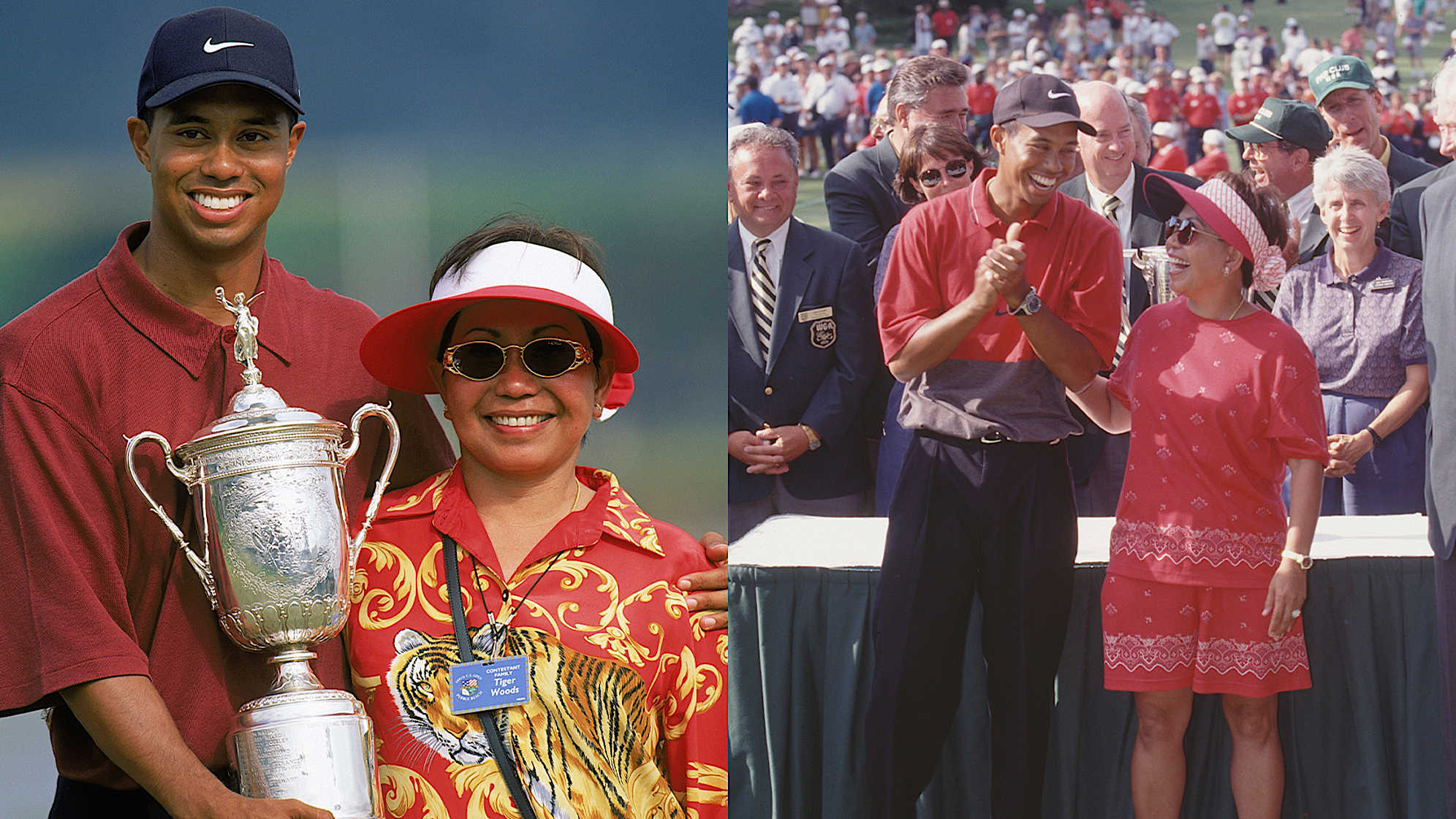 Tiger Woods celebrates with his mom after winning the U.S. Open in 2000 (left, Jamie Squire/Getty Images) and the 1997 BMW Championship. (PGA TOUR Archive)