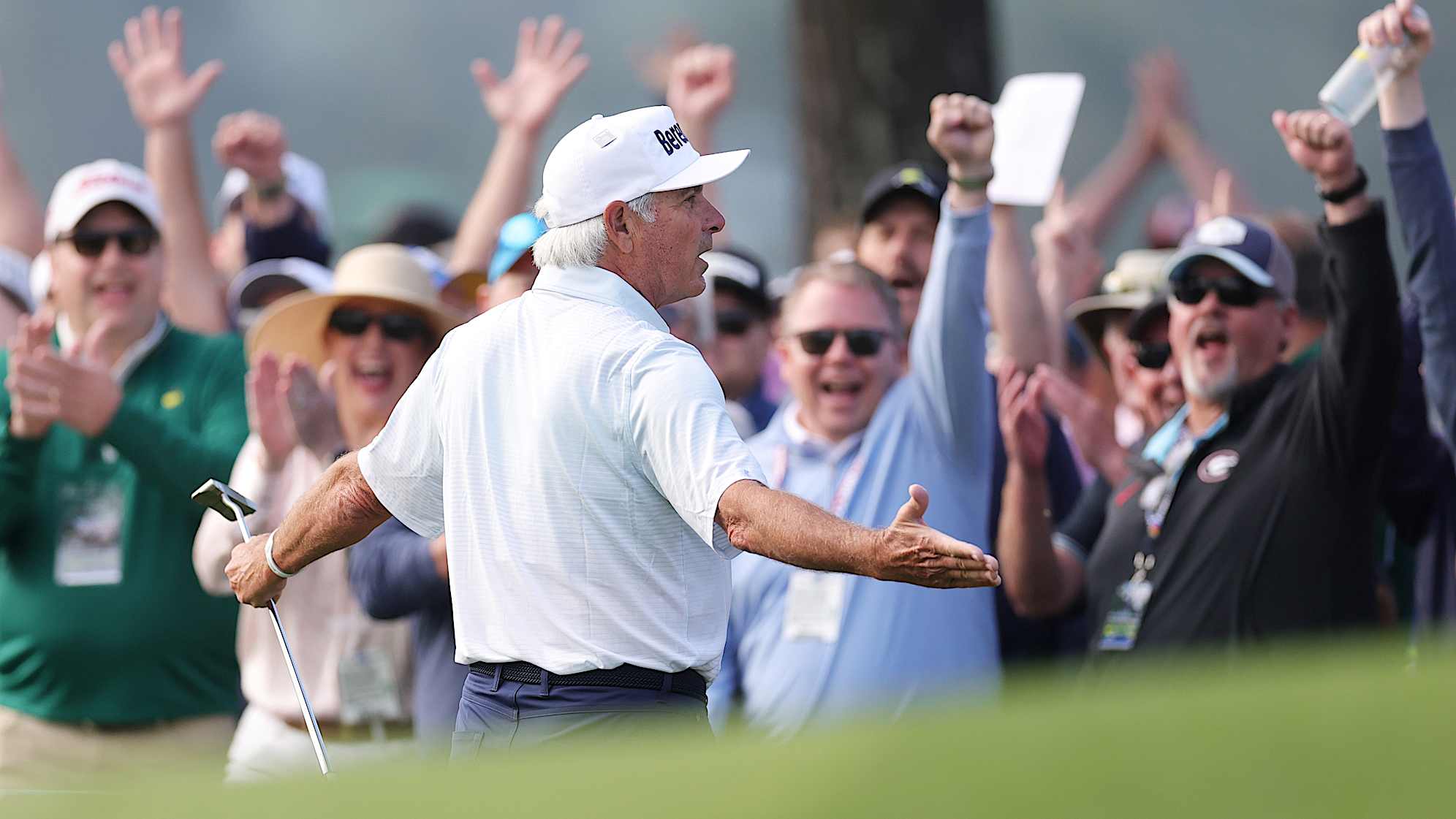Fred Couples celebrates holing out for birdie on the first green during the first round of the 2025 Masters Tournament. (Andrew Redington/Getty Images)