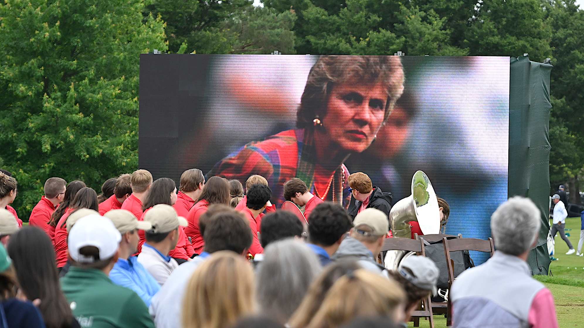 Slideshow video is seen, showing Jack Nicklaus and Barbara Nicklaus, during the 2025 Memorial Tournament Honoree ceremony, prior to the Memorial Tournament presentedy by Workday. (Ben Jared/PGA TOUR)