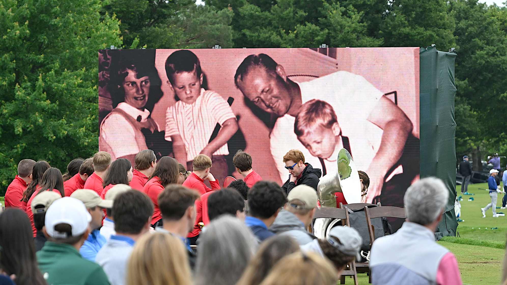 Slideshow video is seen, showing Jack Nicklaus and Barbara Nicklaus, during the 2025 Memorial Tournament Honoree ceremony, prior to the Memorial Tournament presented by Workday at Muirfield Village Golf Club on May 28, 2025 in Dublin, Ohio. (Ben Jared/PGA TOUR)