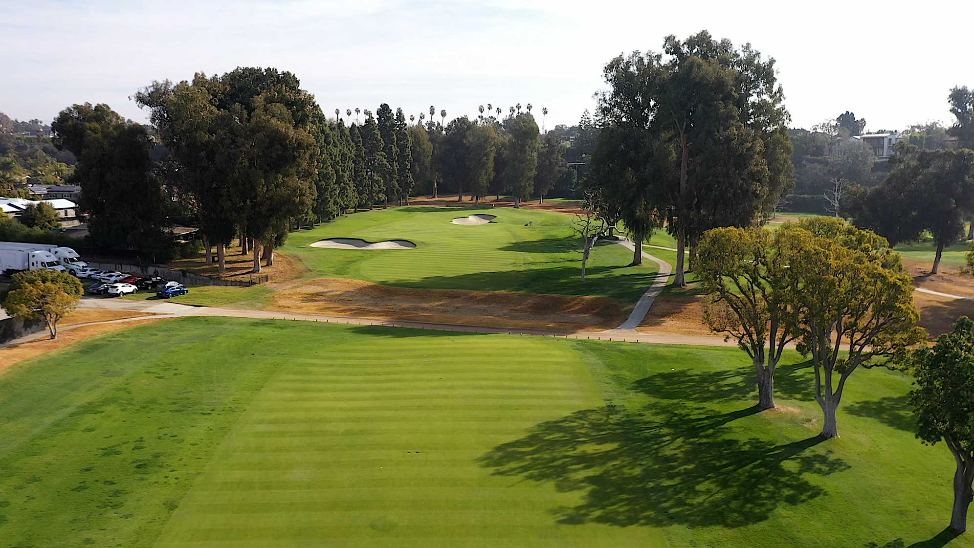 An aerial view of the par-5 first hole at The Riviera Country Club. (PGA TOUR)