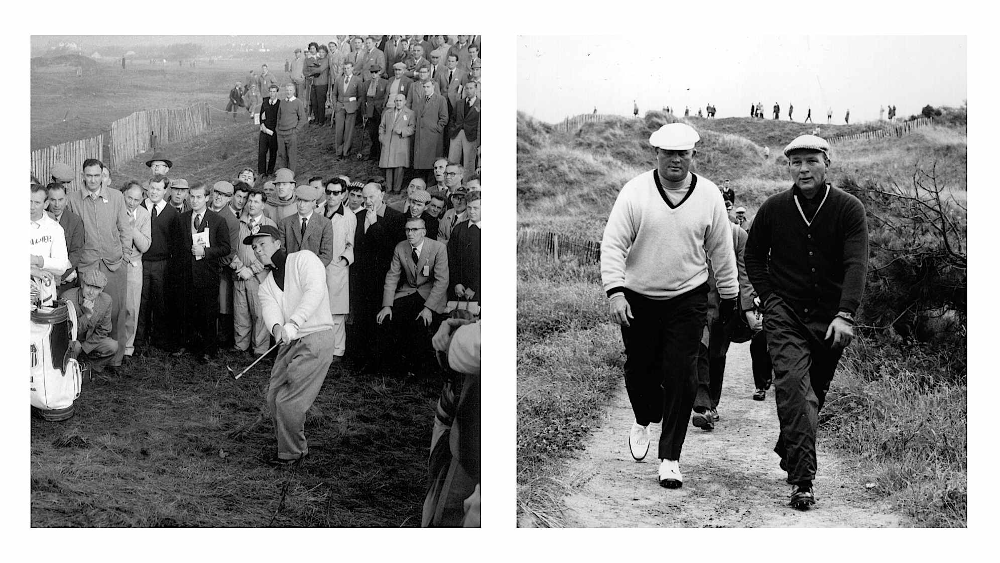 On the left, Jack Nicklaus and Arnold Palmer walk during a practice round in England in 1965. On the right, Arnold Palmer plays the Ryder Cup at Royal Lytham in 1961.(Hulton Archive/Getty Images)