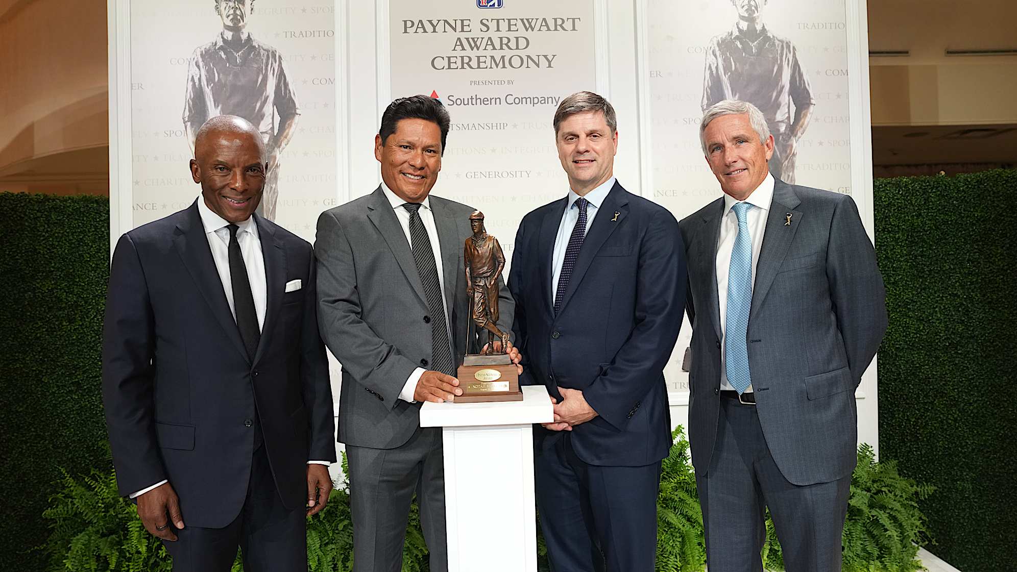 Christopher Womack, Notah Begay III, Brian Rolapp and Jay Monahan during the Payne Stewart Award Ceremony prior to the 2026 TOUR Championship. (Ben Jared/PGA TOUR via Getty Images)