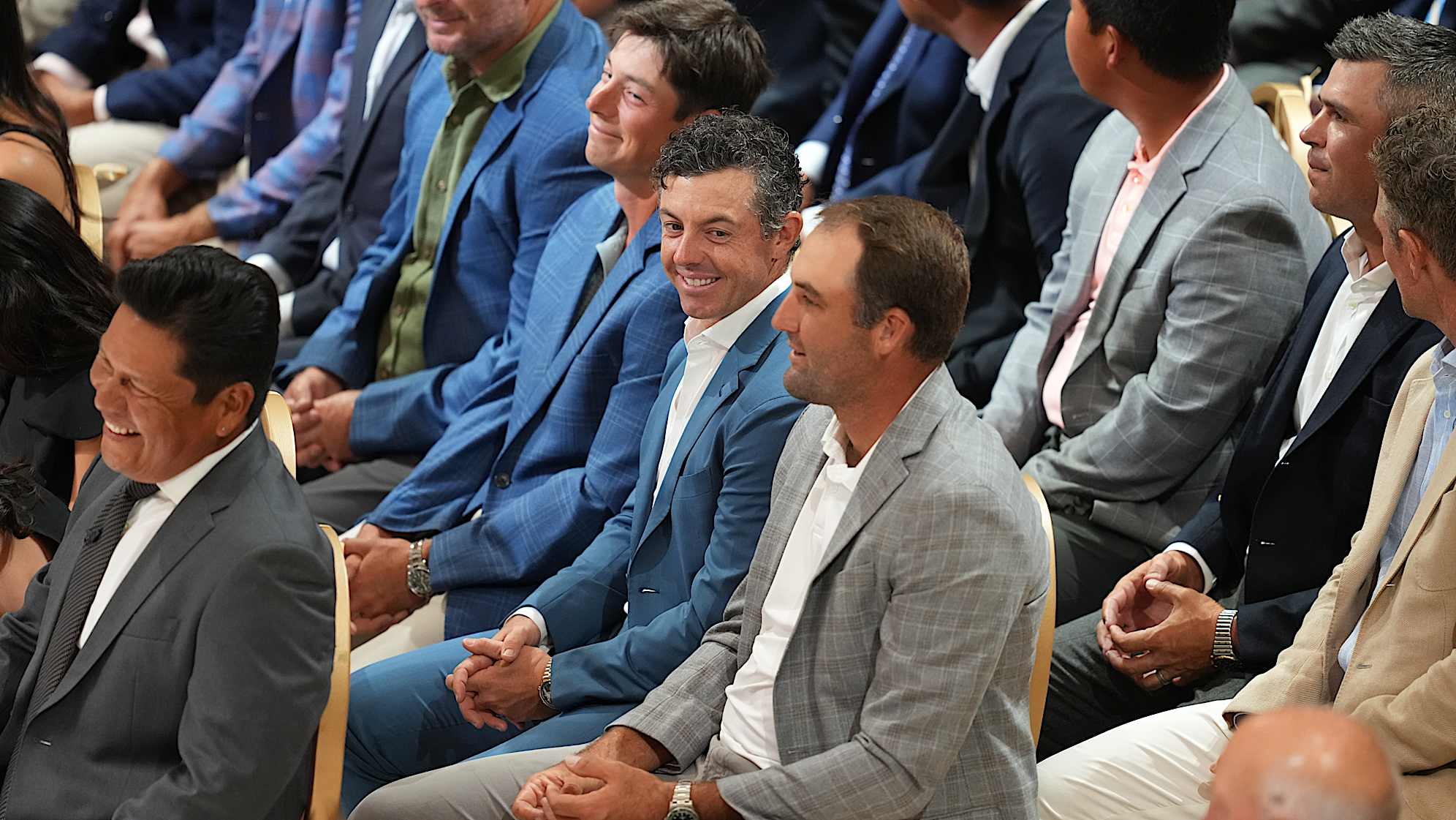 Rory McIlroy and Scottie Scheffler during the Payne Stewart Award Ceremony prior to the 2026 TOUR Championship. (Ben Jared/PGA TOUR via Getty Images)