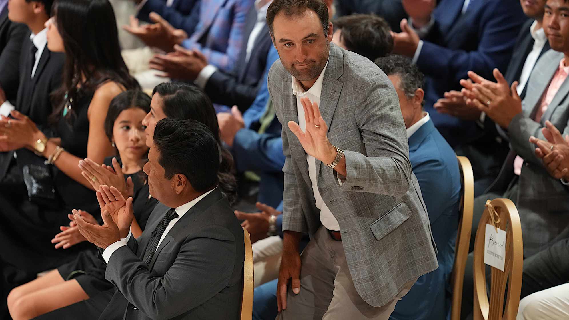 Scottie Scheffler during the Payne Stewart Award Ceremony prior to the 2026 TOUR Championship. (Ben Jared/PGA TOUR via Getty Images)