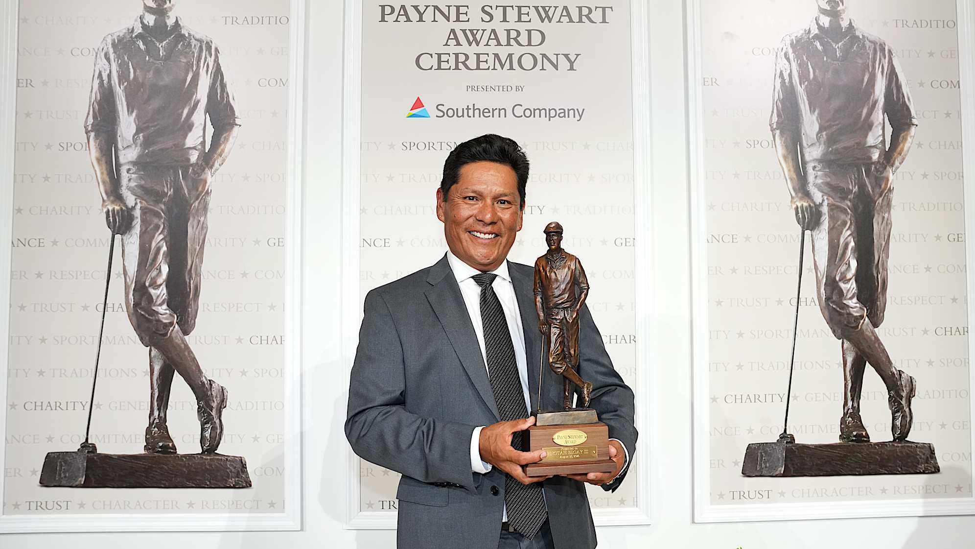 Notah Begay III poses with the trophy during the Payne Stewart Award Ceremony prior to the 2026 TOUR Championship. (Ben Jared/PGA TOUR via Getty Images)