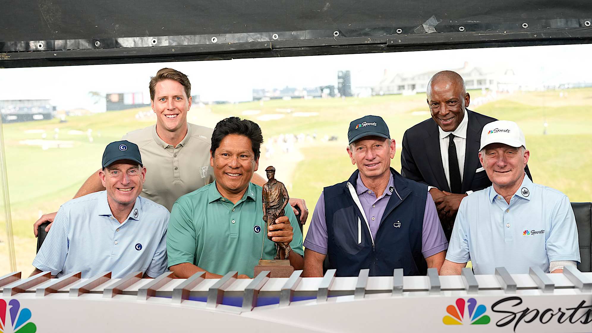 Behind the scenes with Notah Begay III after he was surprised by Payne Stewart’s son Aaron with the 2026 Payne Stewart Award presented by Southern Company during an NBC Golf rehearsal ahead of the 2026 U.S. Open. (Tracy Wilcox/PGA TOUR)