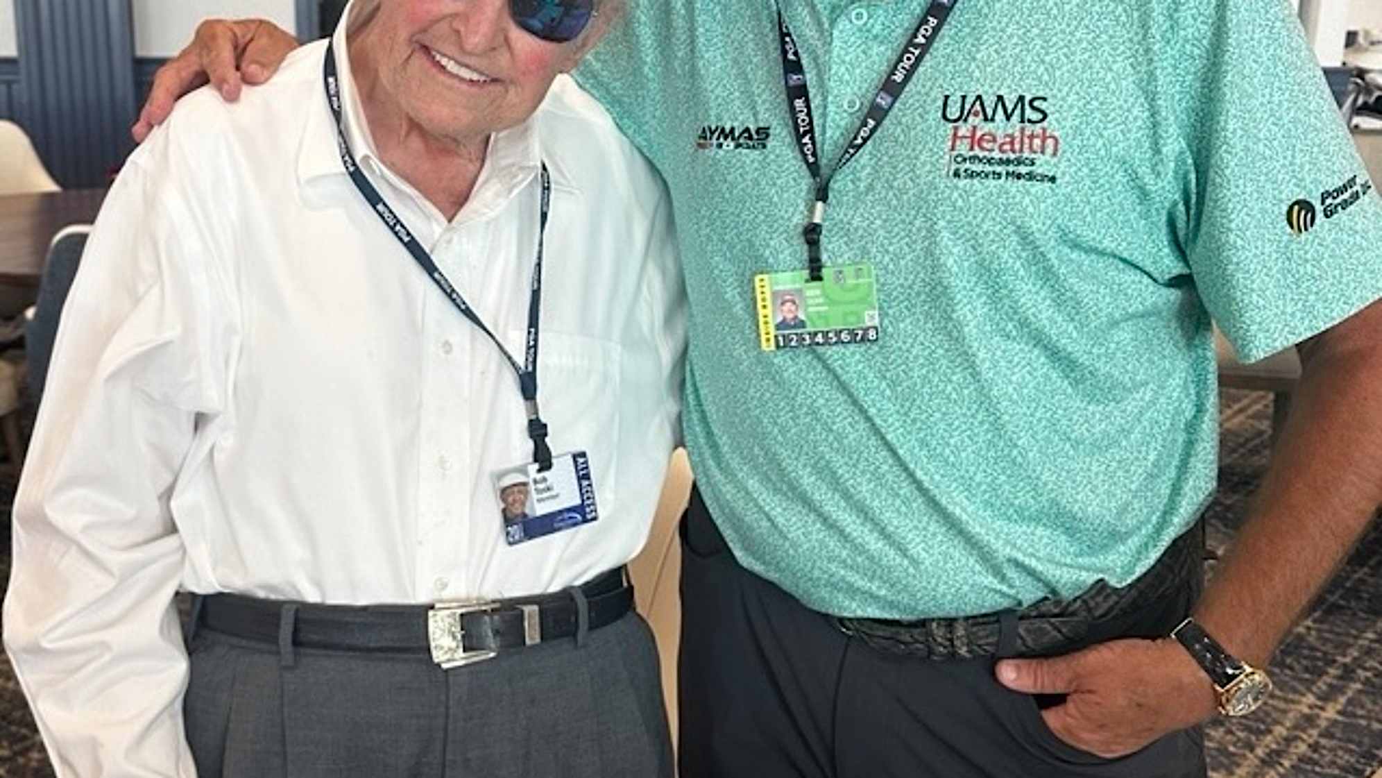 Bob Toski and Ken Duke, with six PGA Tour wins between them, pose for a picture at a PGA Tour Champions event. (Courtesy of Ken Duke)
