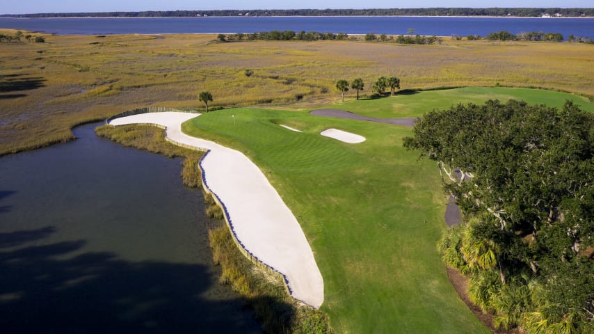 Water, water nearly everywhere says one thing: Take that bold iron shot and make it accurate. In this scenario, the 90-yard bunker is the next best thing to a friend, since it could save a slightly off-center tee shot from a watery extension. Still, the head or crosswinds, which are the norm on this hole, can easily carry a shot into the lagoon.