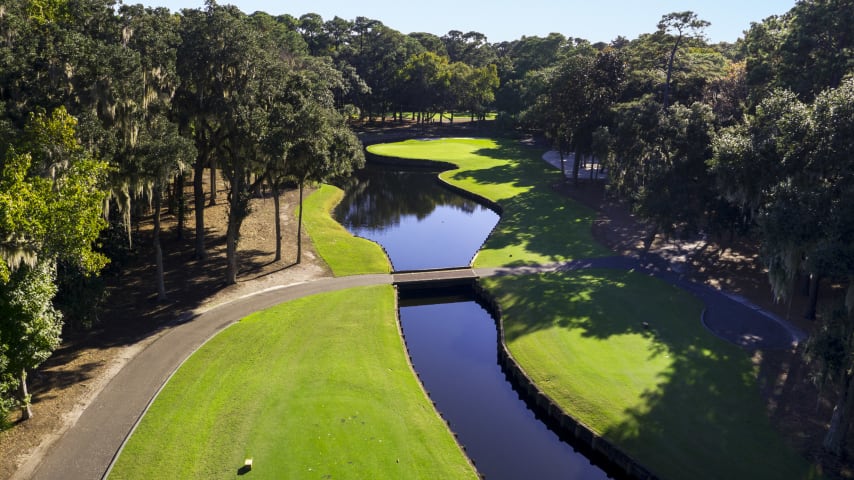 A classic Pete Dye risk/reward design. There is ample room on the right to bail out, and a hidden bunker behind the green can save your ball from a hungry lagoon.