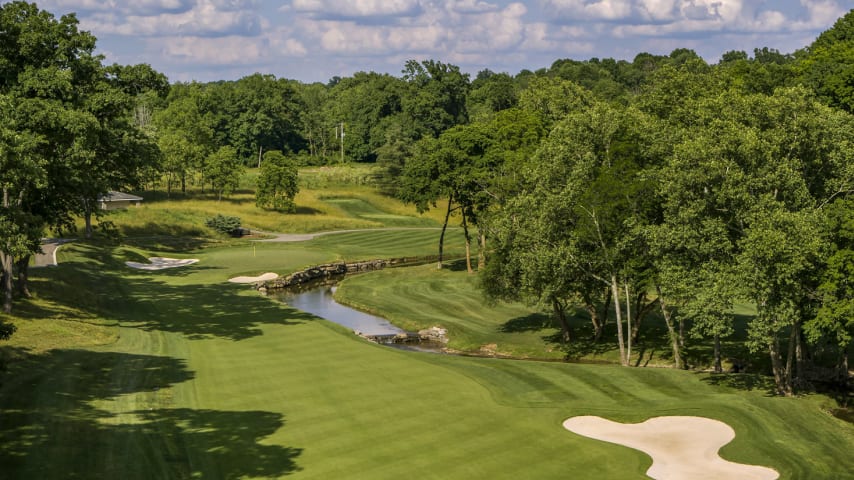 Julep: Unfortunately, that’s not mint julep in Brush Run Creek, which runs down the entire right side of the hole. The landing area is framed by deep bluegrass rough to the left and a large bunker to the right. The creek and a small bunker edge the right side of the large green, with a bigger bunker on the left. (Source: PGA of America)