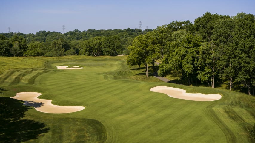 Straight Up: The tee shot must find the uphill, left-angling fairway, which means avoiding the two large bunkers, one on each side of the landing area. Then the approach must find the green, which is completely surrounded by trouble—two bunkers to the left and tightly mown turf everywhere else. (Source: PGA of America)