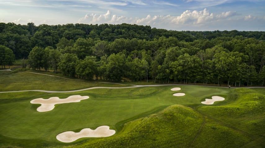 Mine That Bird: The aggressive line on this short-ish par 4 is down the left side, carrying the large bunker at the inside of the dogleg-left’s elbow. When the tee is moved forward most players can drive the green, but this brings Floyd’s Fork into play to the left side of the green and the putting surface features significant movement and contours. Golfers who choose to lay back and approach with a wedge will need precise distance control to get near the hole wherever it’s positioned. (Source: PGA of America)